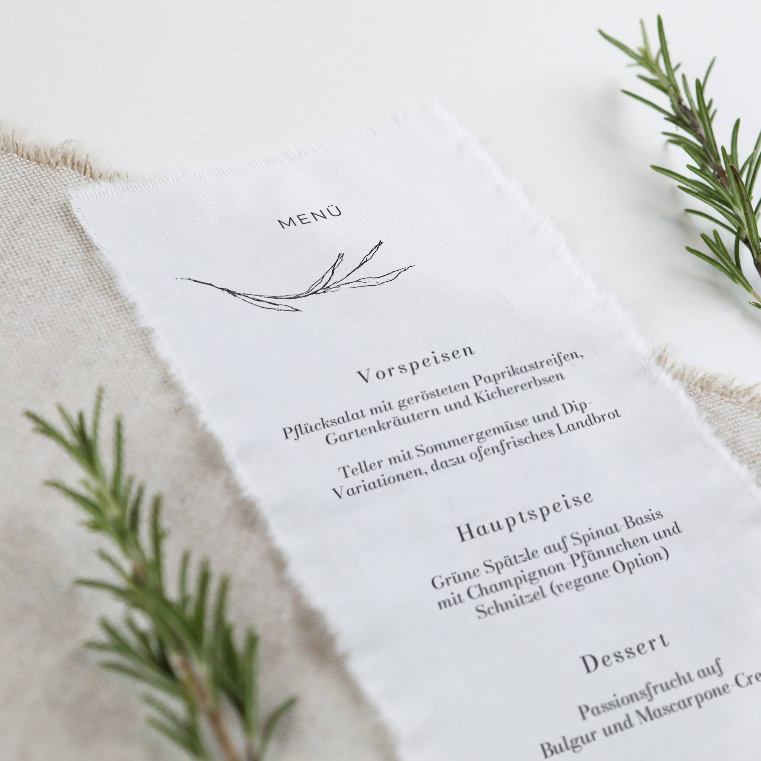 Stoffmenü-Karte für eure Hochzeit, hochwertiger Textildruck, Menükarte gedruckt auf Stoff, Menükarte Hochzeit Serie Rosemary
