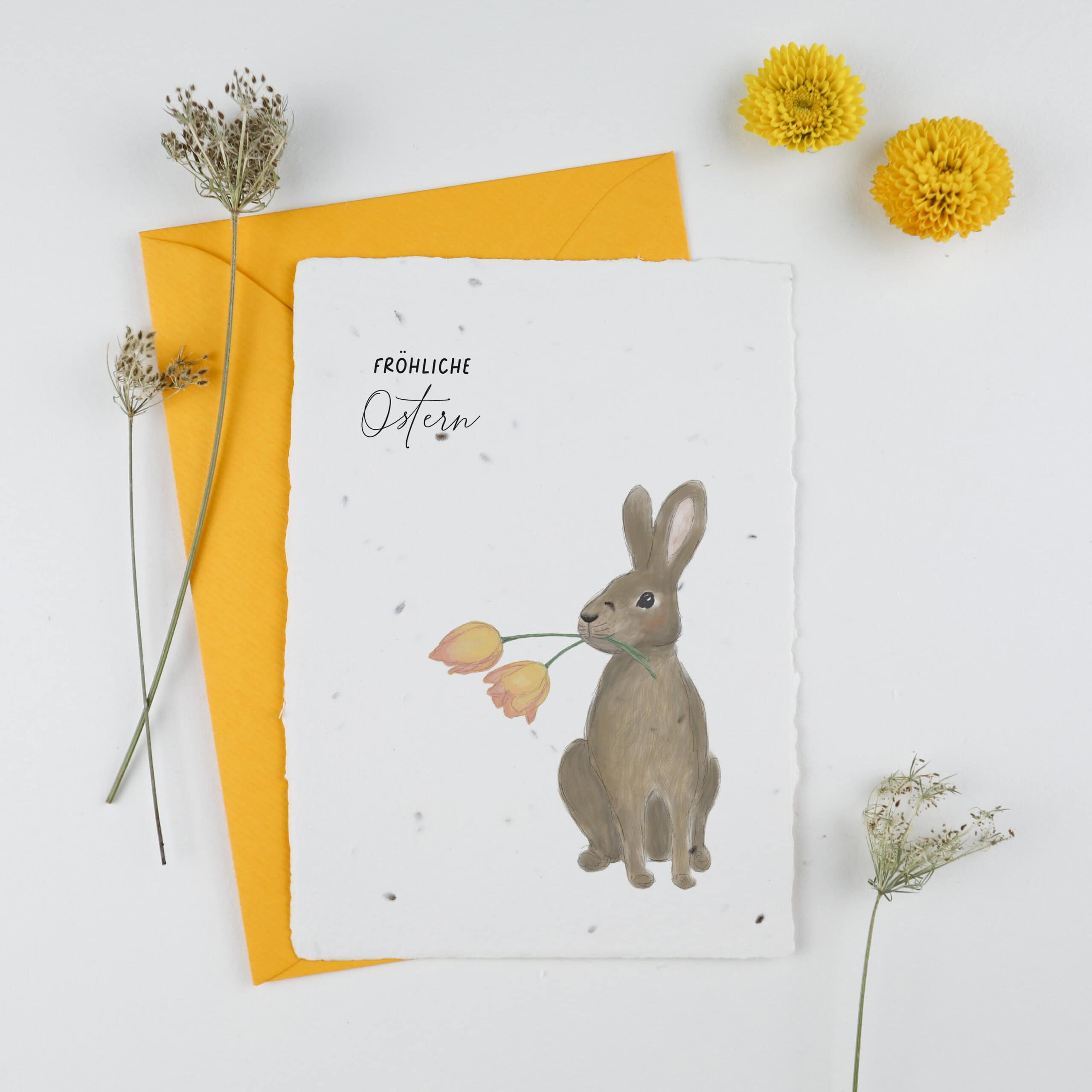 heylittlegreen-handgeschöpftes Saatpapier-Grußkarten-Ostern-Osterkarten-Samenkarten-Osterhase (2) Frühlingskarten und Osterkarten aus handgeschöpftem Saatpapier mit Blumensamen der Wilden Möhre für wachsende Ostergrüße, Kartenmotiv: Osterglöckchen/ Narzisse