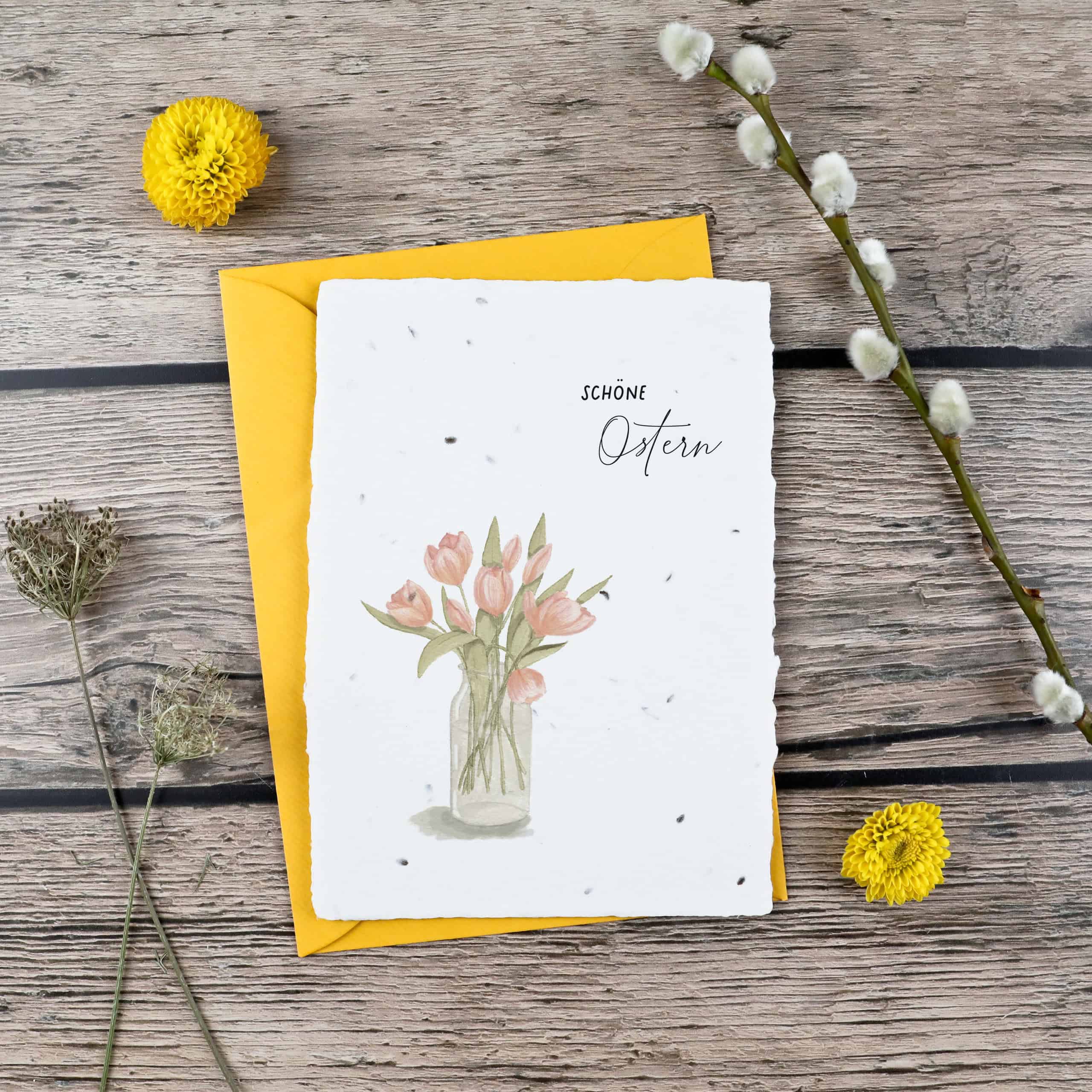 Frühlingskarten und Osterkarten aus handgeschöpftem Saatpapier mit Blumensamen der Wilden Möhre für wachsende Ostergrüße, Kartenmotiv: Tulpenstrauß in Blumenvase