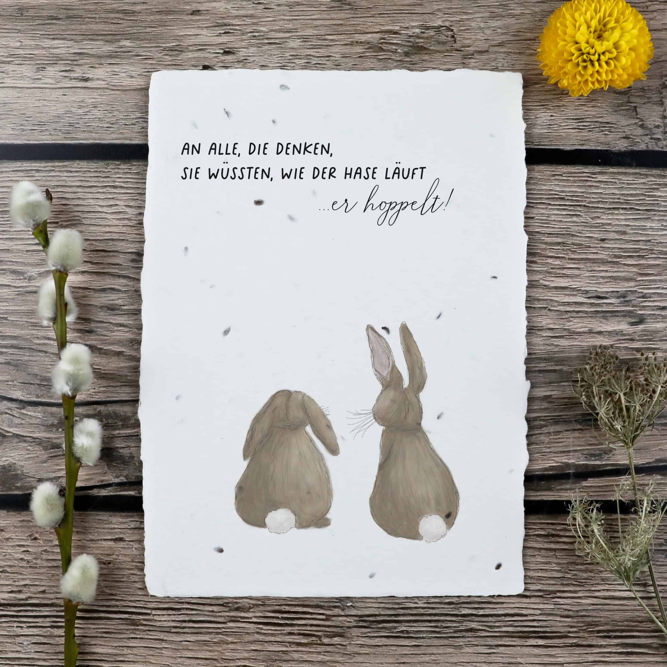 Frühlingskarten und Osterkarten aus handgeschöpftem Saatpapier mit Blumensamen der Wilden Möhre für wachsende Ostergrüße, Kartenmotiv: Zwei Hasen