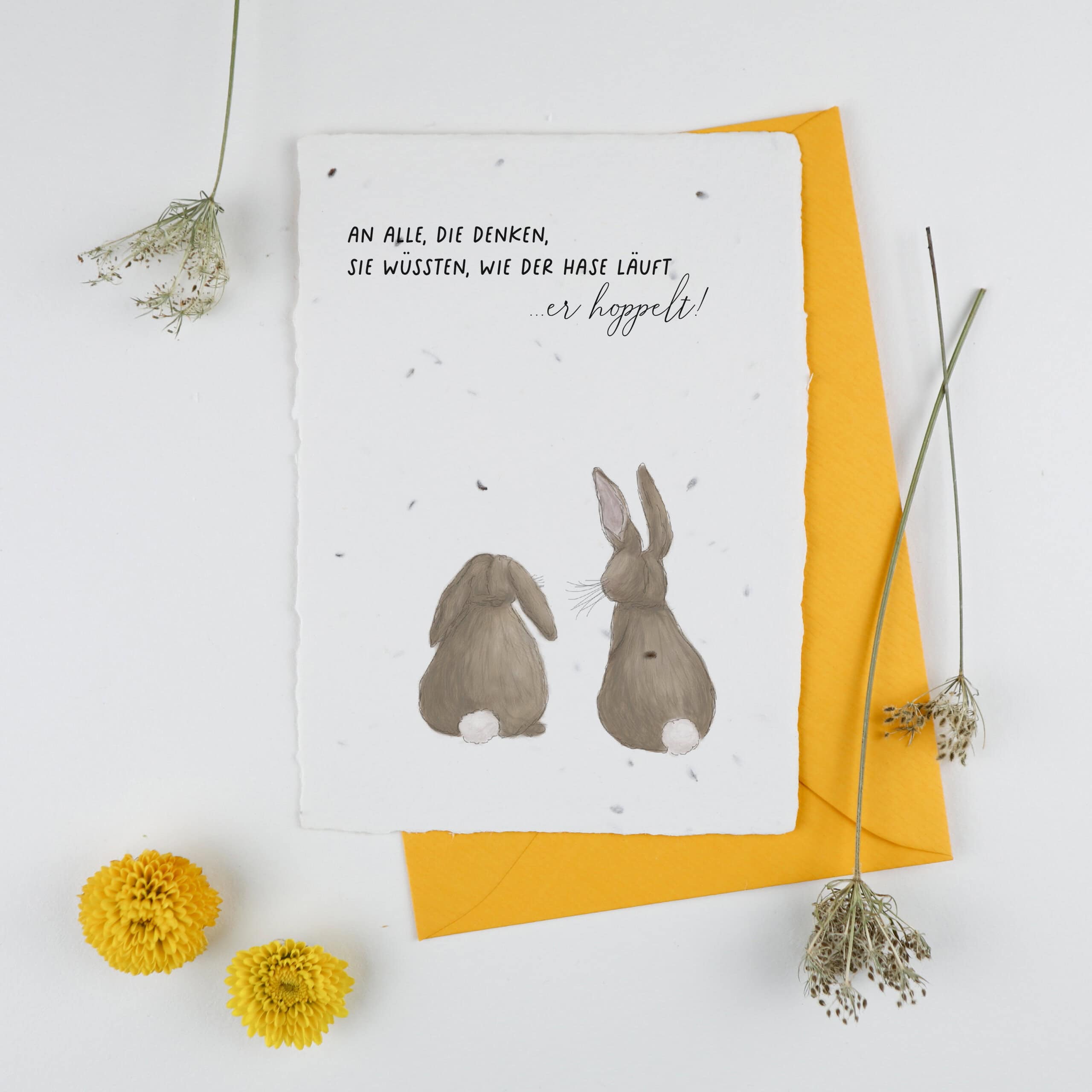 Frühlingskarten und Osterkarten aus handgeschöpftem Saatpapier mit Blumensamen der Wilden Möhre für wachsende Ostergrüße, Kartenmotiv: Zwei Hasen