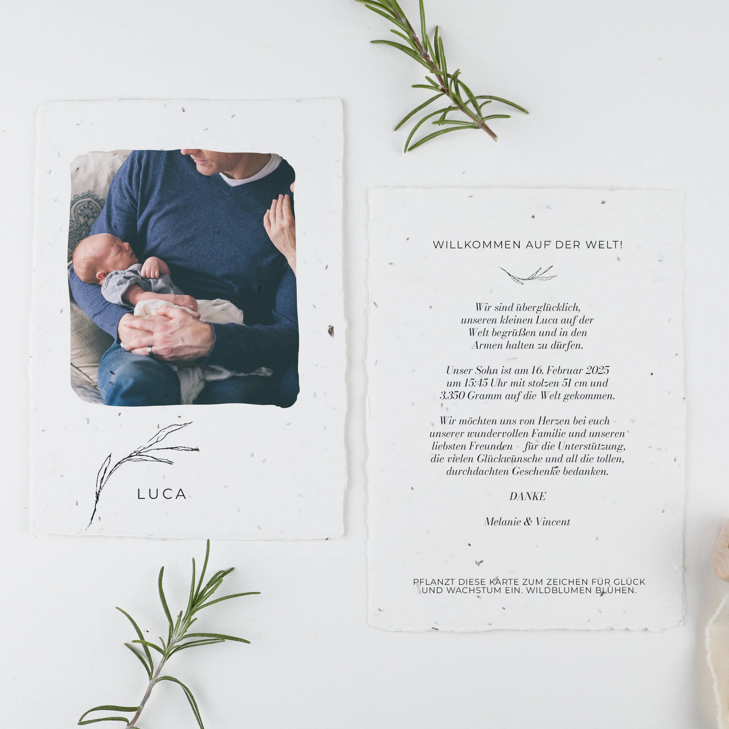 Einpflanzbare Geburtskarte aus handgemachtem Samenpapier aus der Serie "Rosemary", Individuelle Geburtspapeterie