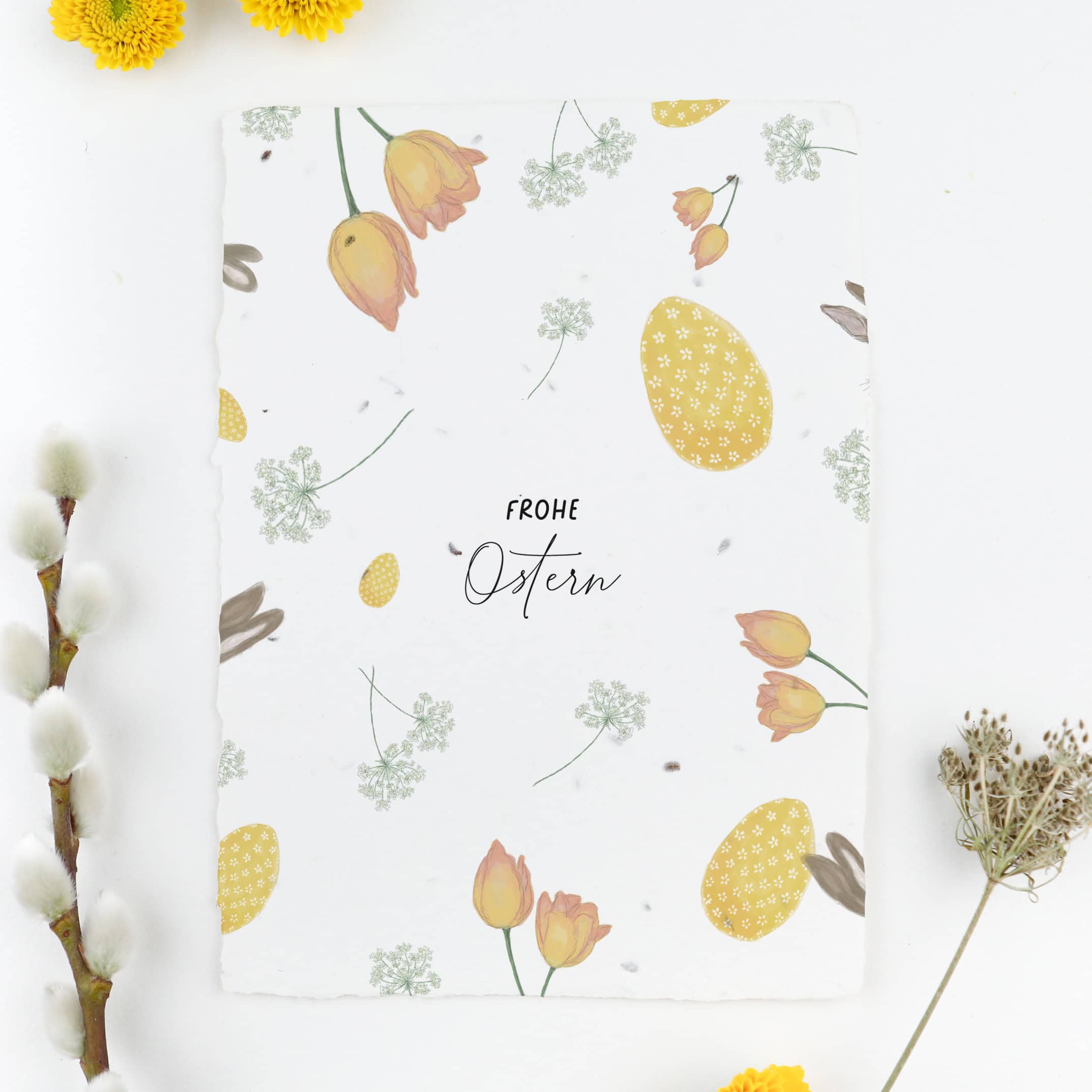 heylittlegreen-handgeschöpftes Saatpapier-Osterkarten-Samenkarten zu Ostern-wachsende Ostergrüße-Frohe Ostern-Osterkartensortiment-Ostermuster Frühlingskarten und Osterkarten aus handgeschöpftem Saatpapier mit Blumensamen der Wilden Möhre für wachsende Ostergrüße, Kartenmotiv: Muster aus Ostermotiven, Ostereier, Osterhasen, Frühlingsblumen