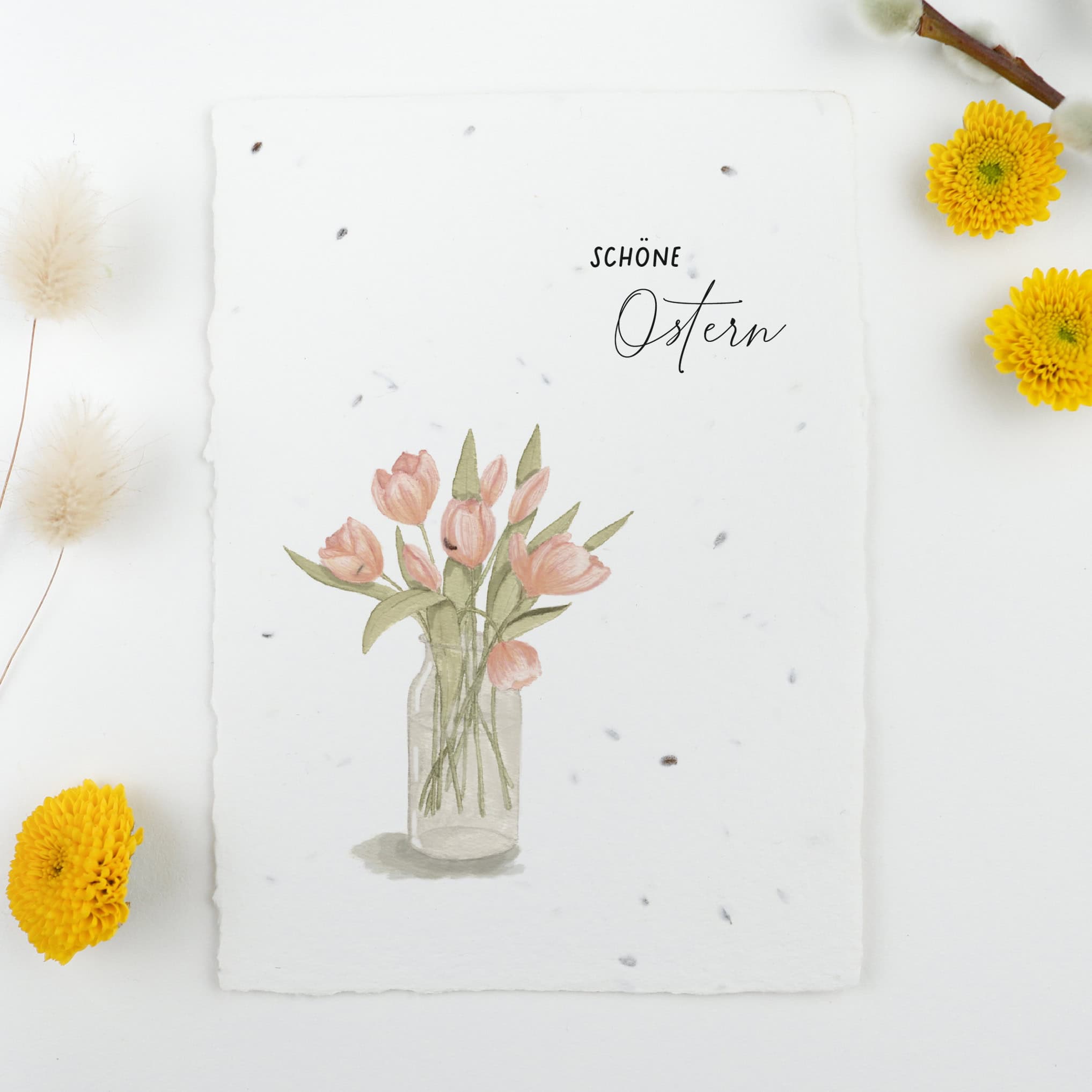 Frühlingskarten und Osterkarten aus handgeschöpftem Saatpapier mit Blumensamen der Wilden Möhre für wachsende Ostergrüße, Kartenmotiv: Tulpenstrauß in Blumenvase