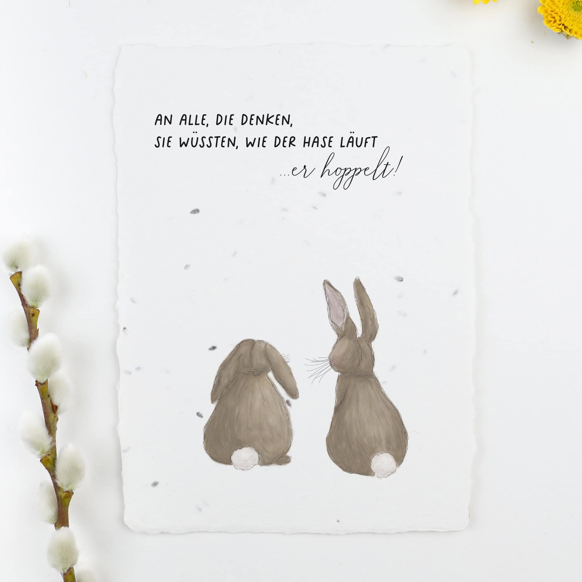 Frühlingskarten und Osterkarten aus handgeschöpftem Saatpapier mit Blumensamen der Wilden Möhre für wachsende Ostergrüße, Kartenmotiv: Zwei Hasen