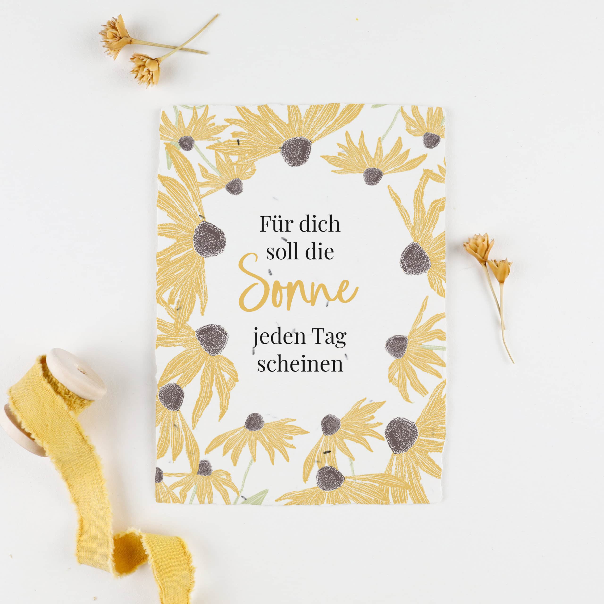 heylittlegreen-handgeschöpftes Saatpapier-Samenkarten mit Sonnenhut-Samen-Geburtstagskarte-Jeden Tag Sonne Samenkarte mit Sonnenhut-Samen und farbenfrohem Blumenmotiv zum Geburtstag, Spruch "Für dich soll die Sonne jeden Tag scheinen"