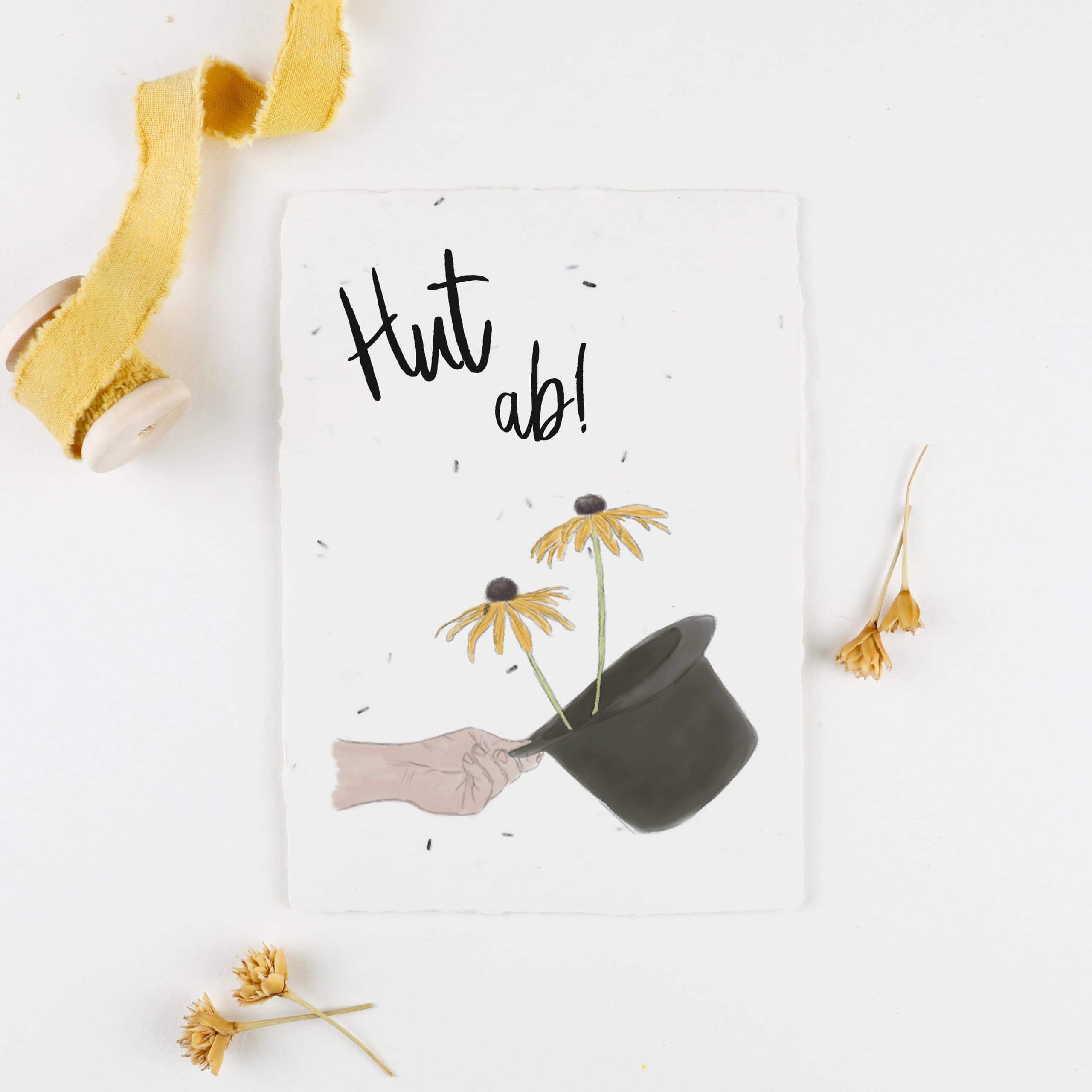 Samenkarte mit Sonnenhut-Samen und farbenfrohem Blumenmotiv zum Geburtstag, Spruch "Hut ab!"