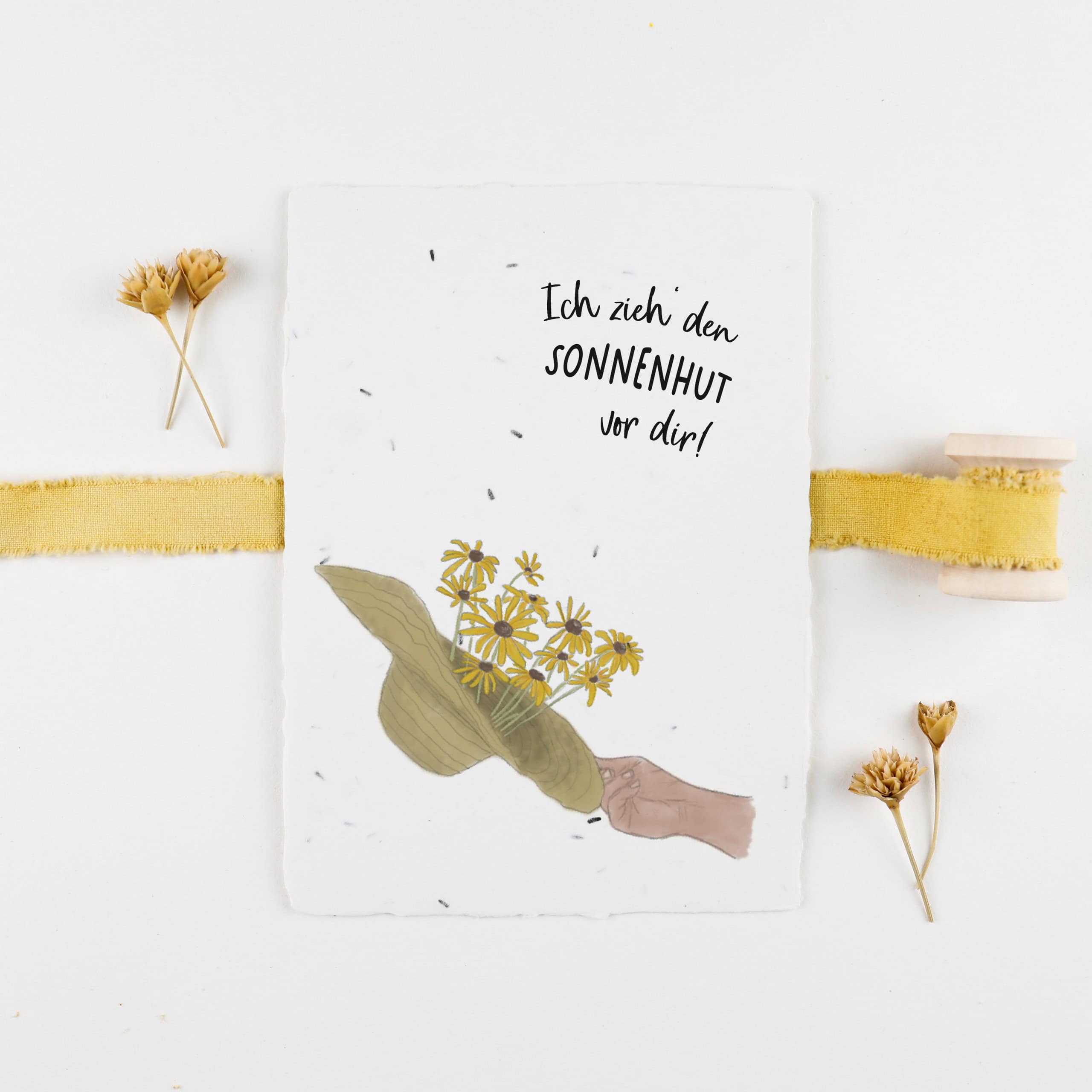 Samenkarte mit Sonnenhut-Samen und farbenfrohem Blumenmotiv zum Geburtstag, Spruch "Ich zieh' den Sonnenhut vor dir!"