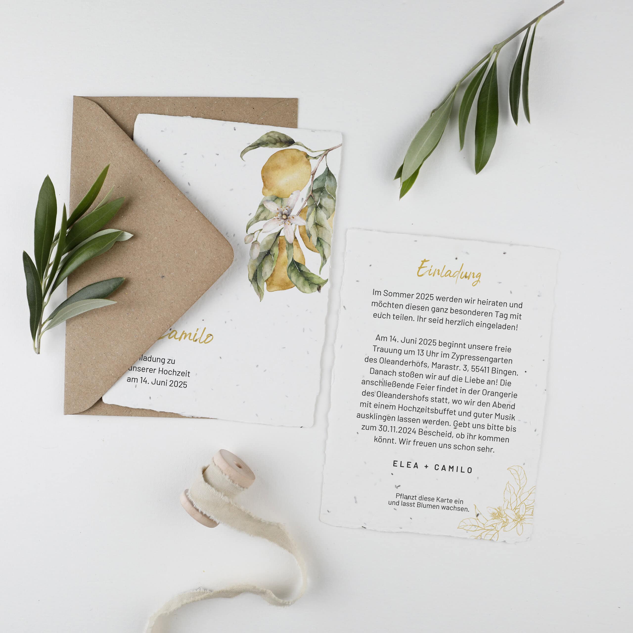 Mediterrane Saatpapier-Hochzeitseinladung für Sommerhochzeiten, Einladungskarte aus Samenpapier mit Foto-Beikarte