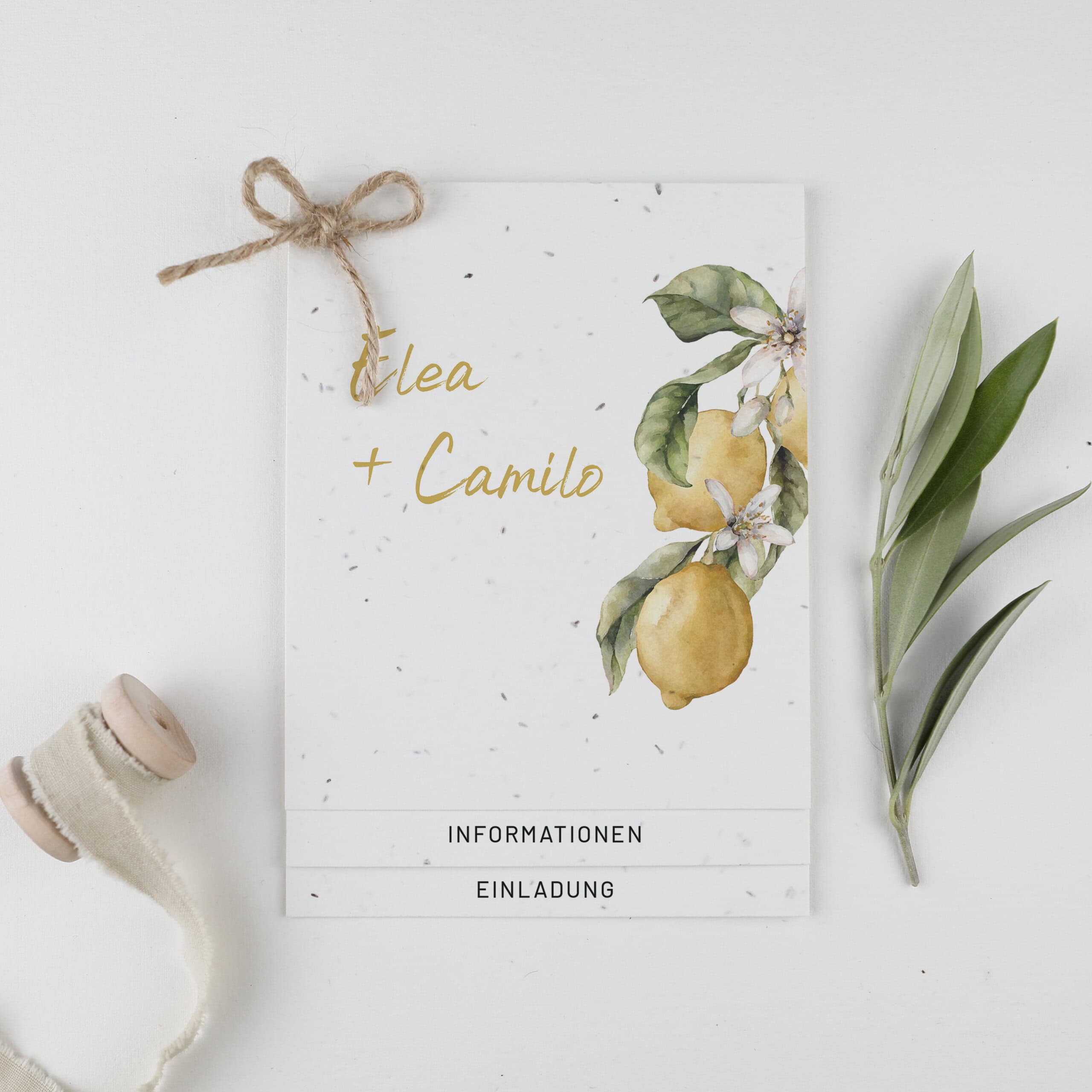 Mehrteilige Hochzeitseinladung der mediterranen Papeterie-Serie "Limone", nachhaltig heiraten mit Karten aus handgemachtem Samenpapier zum Wachsen lassen