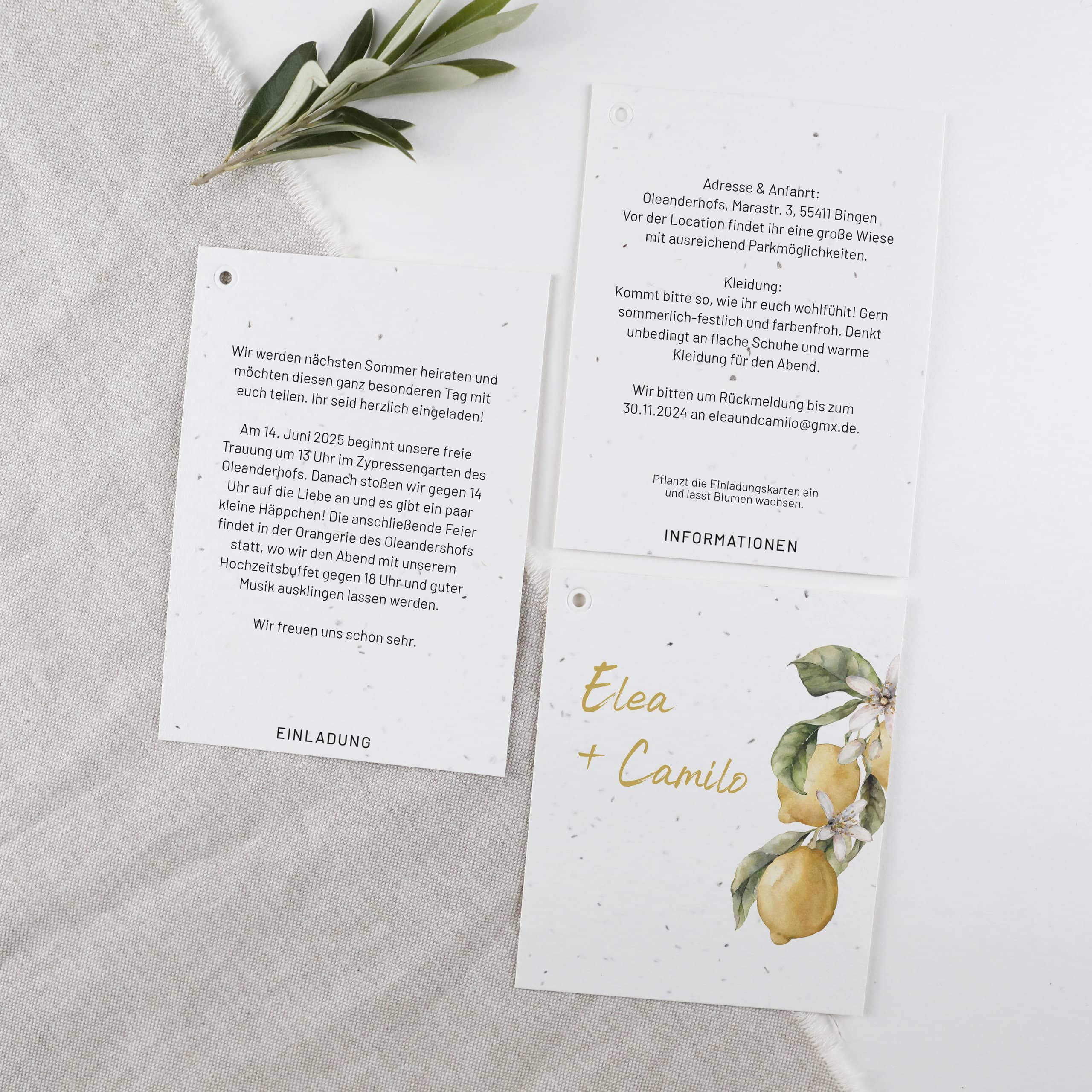 Mehrteilige Hochzeitseinladung der mediterranen Papeterie-Serie "Limone", nachhaltig heiraten mit Karten aus handgemachtem Samenpapier zum Wachsen lassen