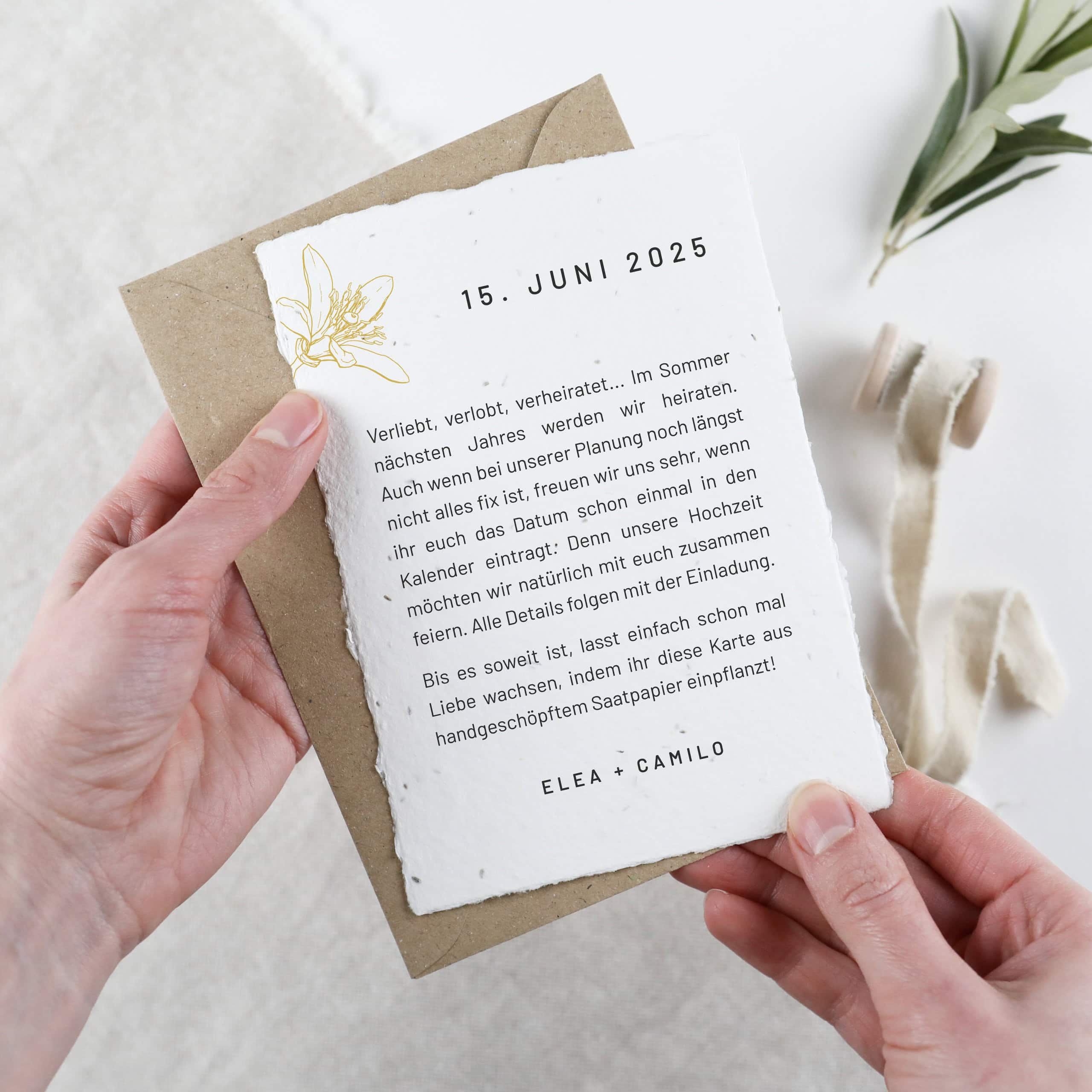 Individuelle Papeterie aus der Serie "Limone", einpflanzbare Samenpapier-Karten für Hochzeit, Geburt, Danke