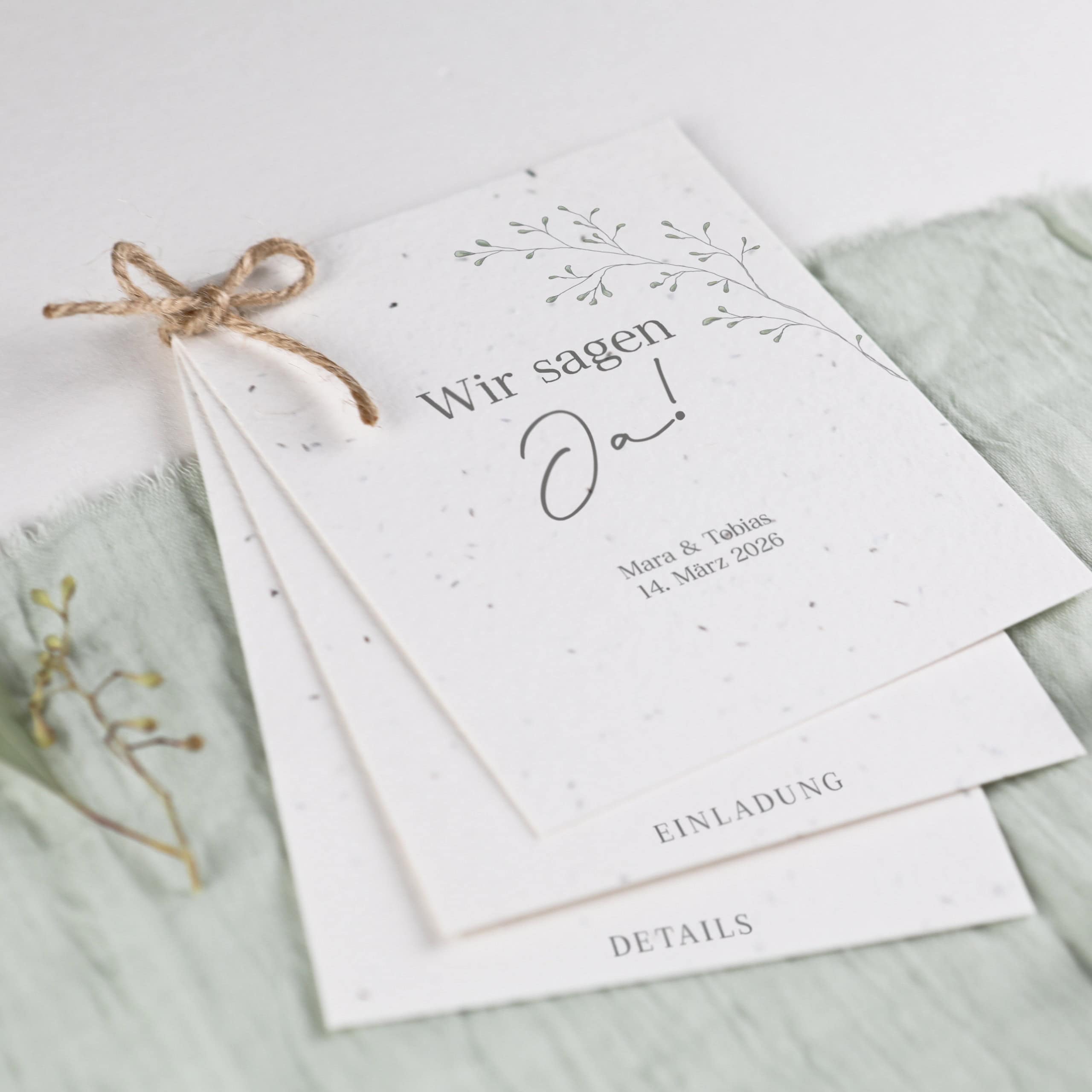 Mehrteilige Hochzeitseinladung auf handgeschöpftem Samenpapier gefertigt, einpflanzbare Hochzeitspapeterie, Blumensamen Hochzeitseinladung, Detailkarten mit viel Platz