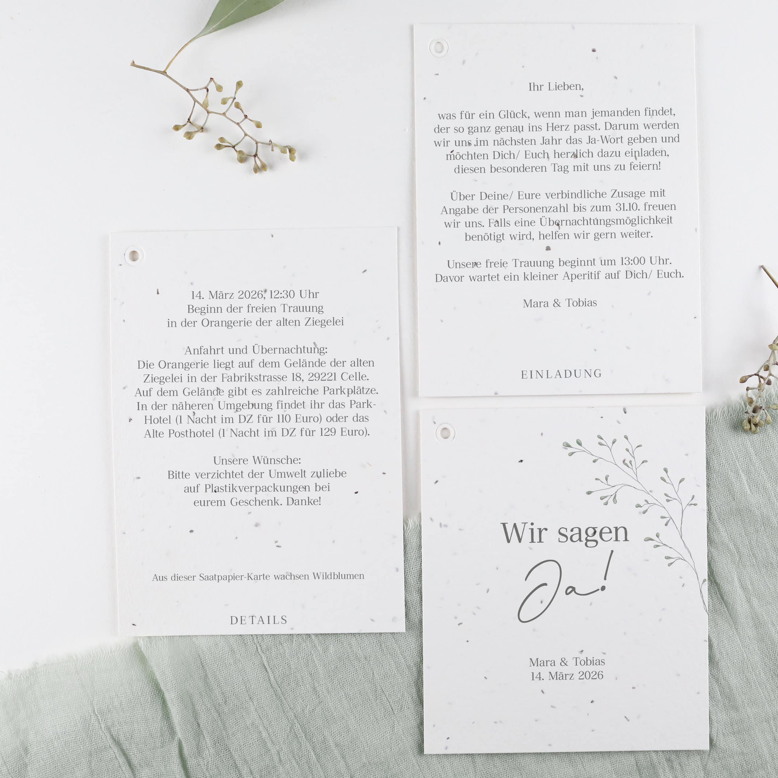 Mehrteilige Hochzeitseinladung auf handgeschöpftem Samenpapier gefertigt, einpflanzbare Hochzeitspapeterie, Blumensamen Hochzeitseinladung,