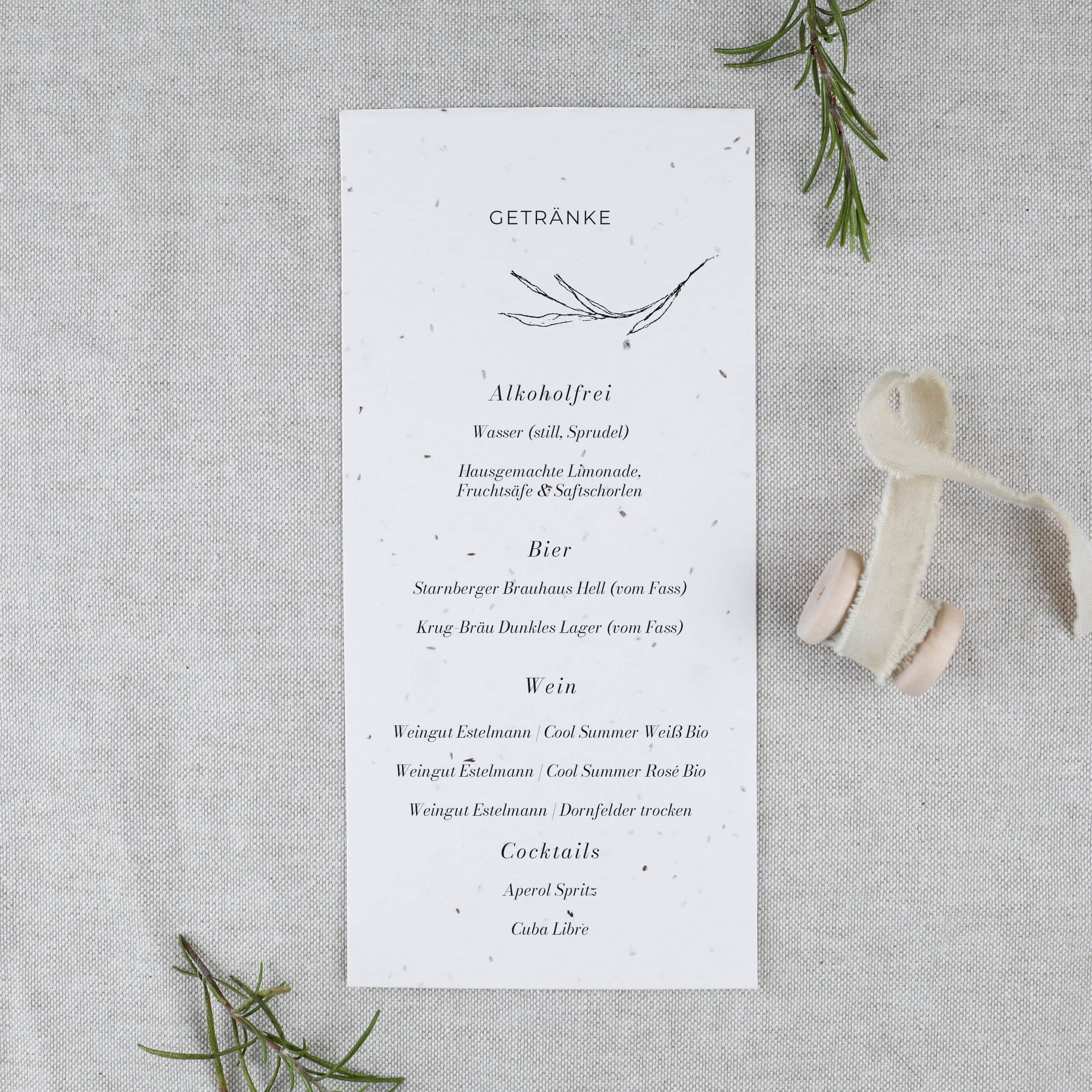 Getränkekarte für Hochzeit auf handgemachtem Samenpapier, Menükarte für Getränke, Eure Getränkeauswahl für eure Hochzeitsfeier