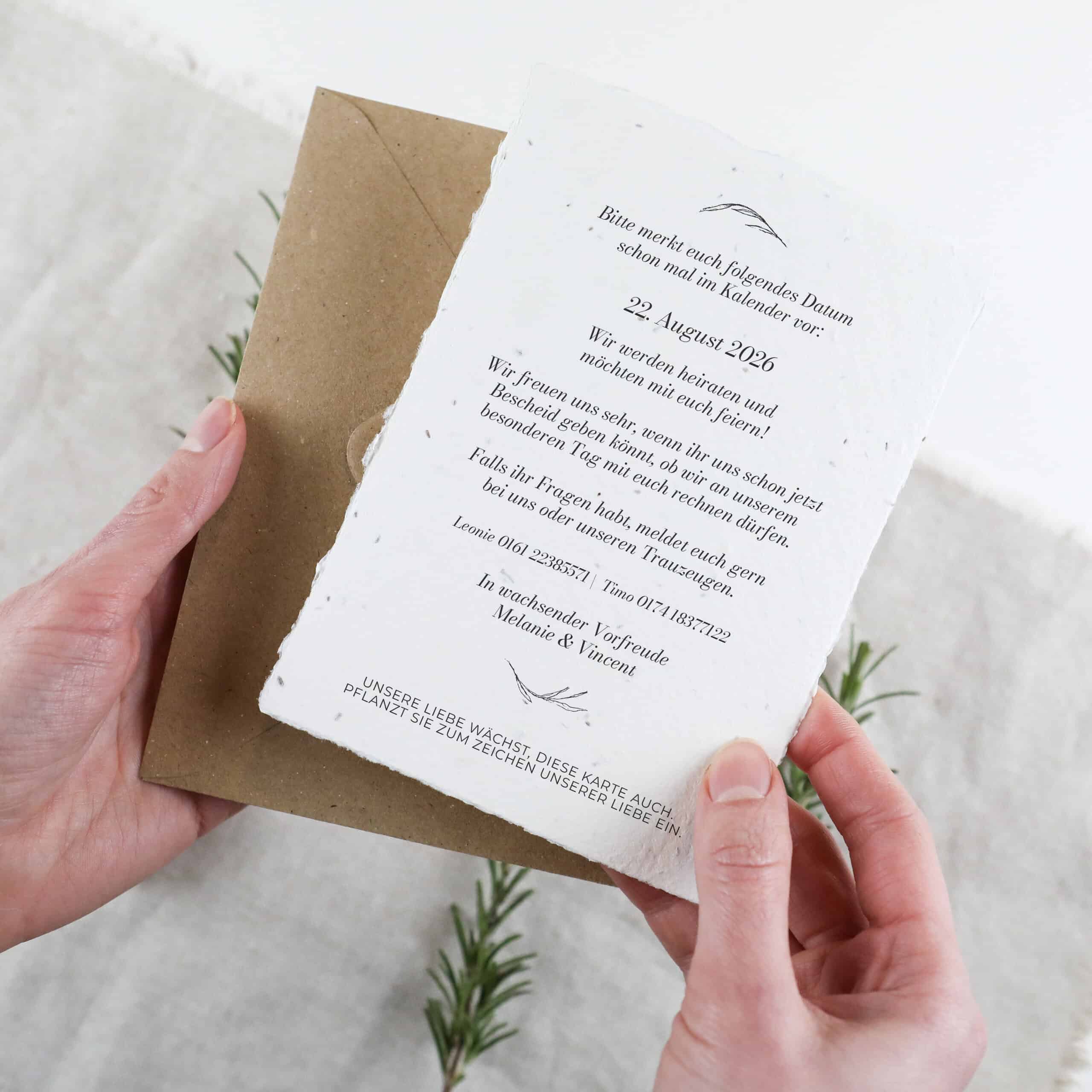 Einpflanzbare Hochzeitspapeterie aus handgemachtem Samenpapier, Hochzeitseinladung zum Einpflanzen, Individuelle Hochzeitseinladungen mediterran und minimalistisch