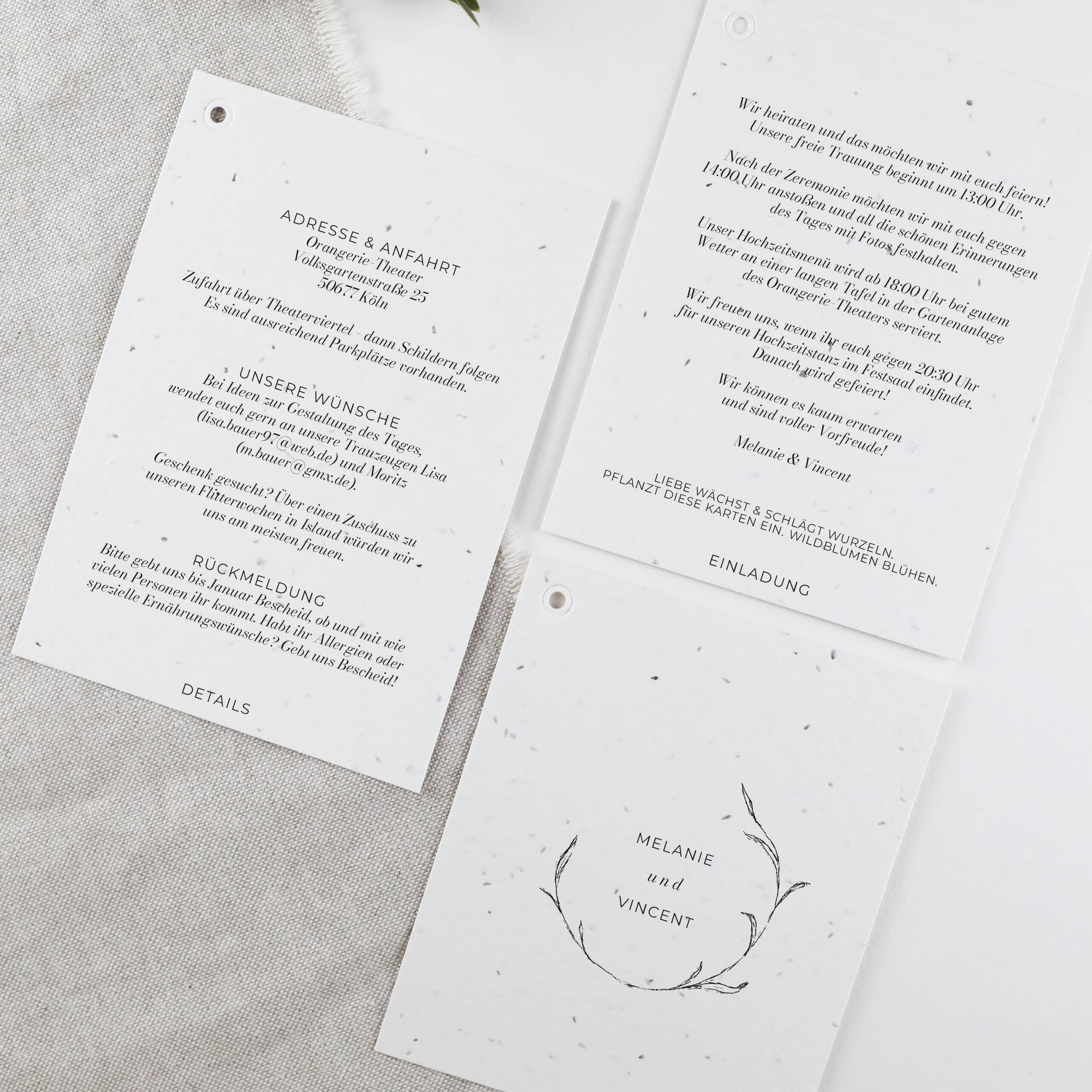 Mehrteilige Hochzeitseinladung aus handgemachtem Samenpapier für deine nachhaltige Hochzeit, Einpflanzbare Einladung zur Hochzeit aus Samenpapier, Detailkarte, Einladungskarte