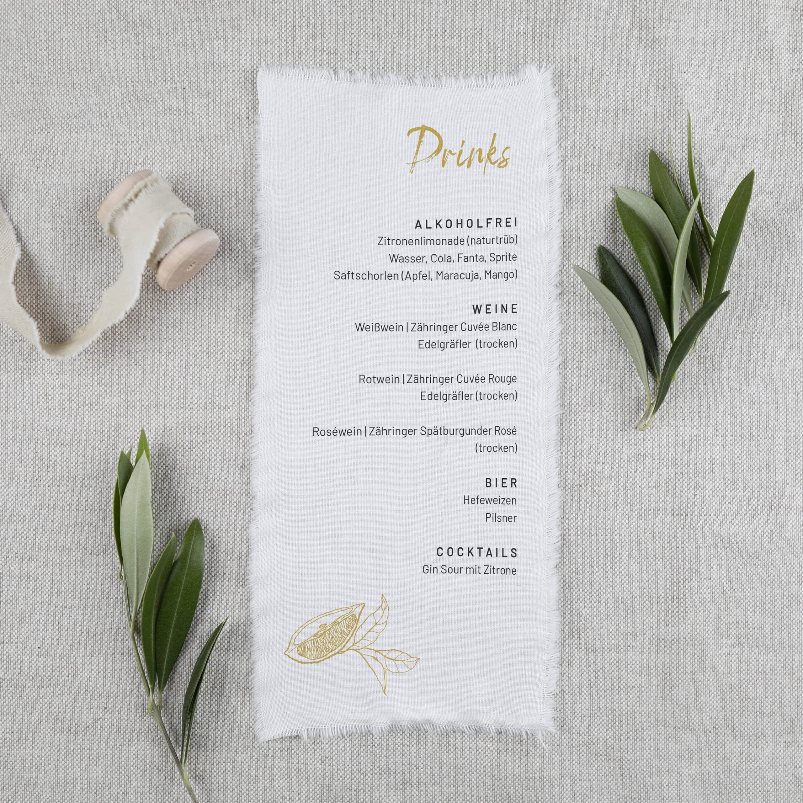 Stoff-Getränkekarte mit Zitronen-Design, Limone Papeterie-Serie für Menükarte