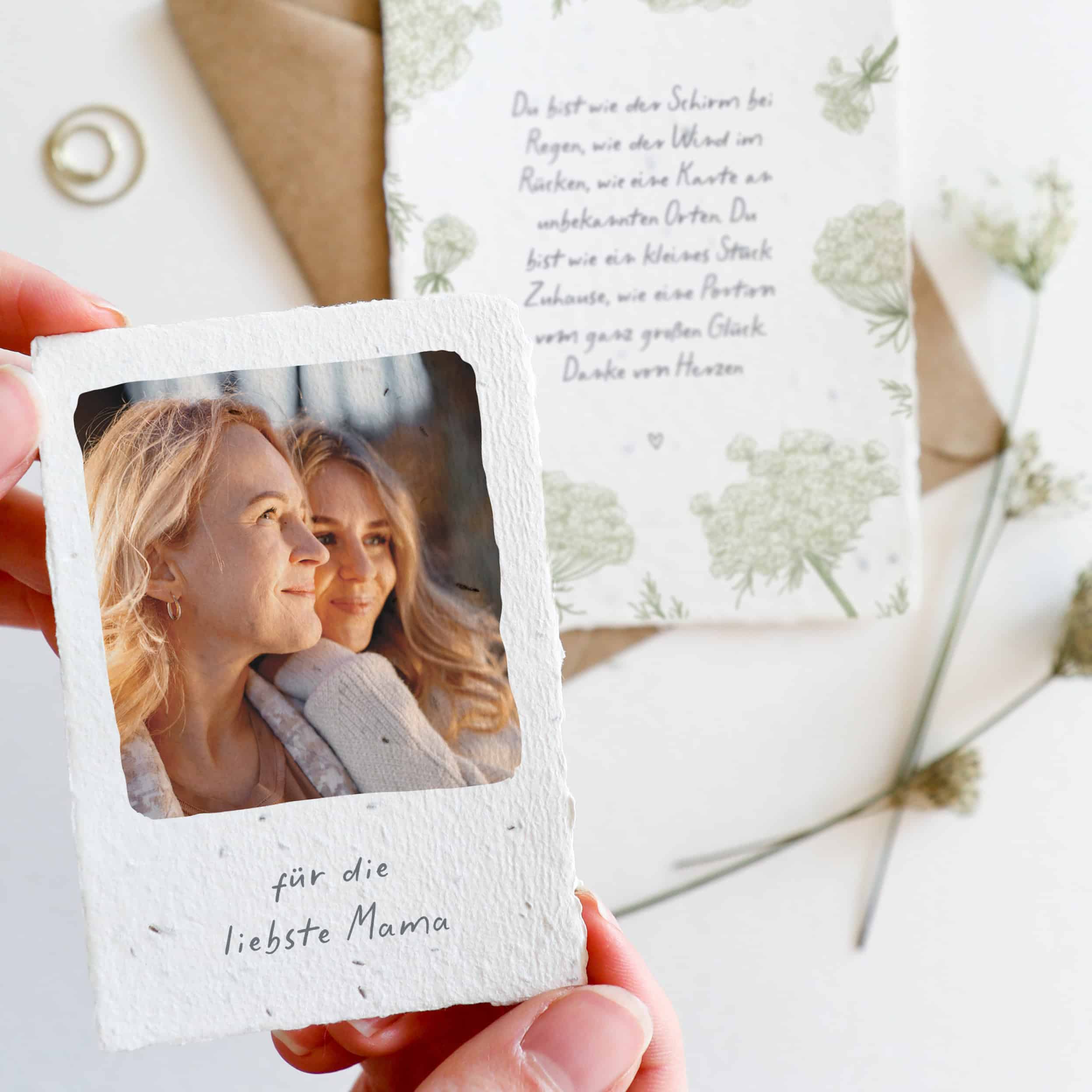 Muttertagskarte gefertigt auf handgeschöpftem Samenpapier, Karte zum Muttertag, Karte für Mama mit schönem Spruch und hochwertigem Fotodruck