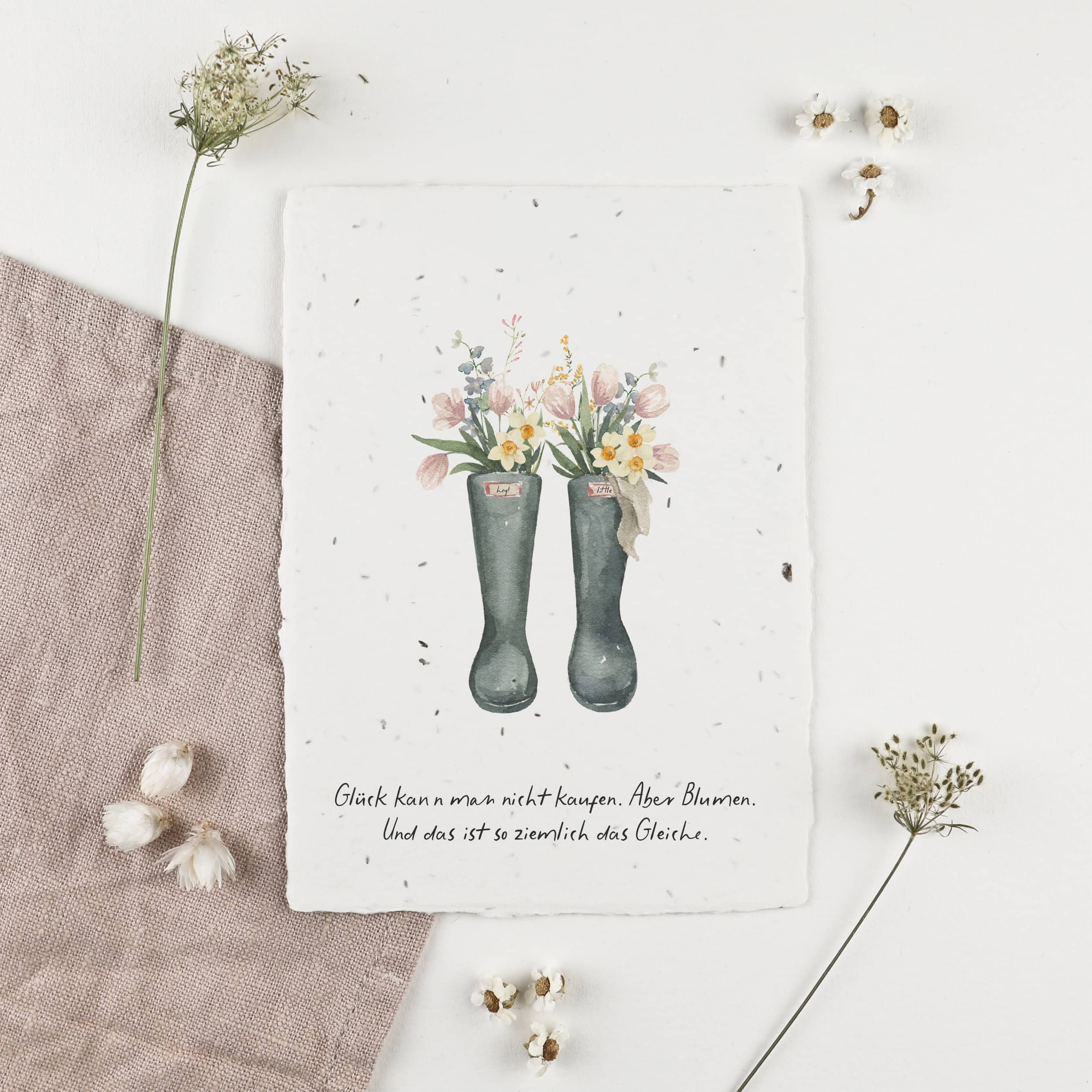 heylittlegreen-handgeschöpftes Saatpapier-Samenkarten für den Frühling-Frühlingskarten (2) Grußkarte Frühling, Samenkarte mit Frühlinsgmotiv, Gummistiefel mit Blumen