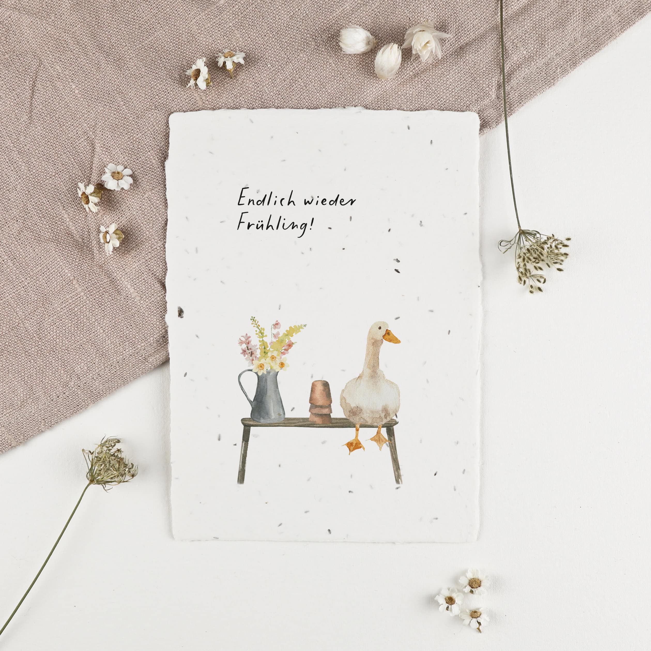 Grußkarte Frühling, Samenkarte mit Frühlinsgmotiv, Gans, Blumenstrauß und Blumentöpfe