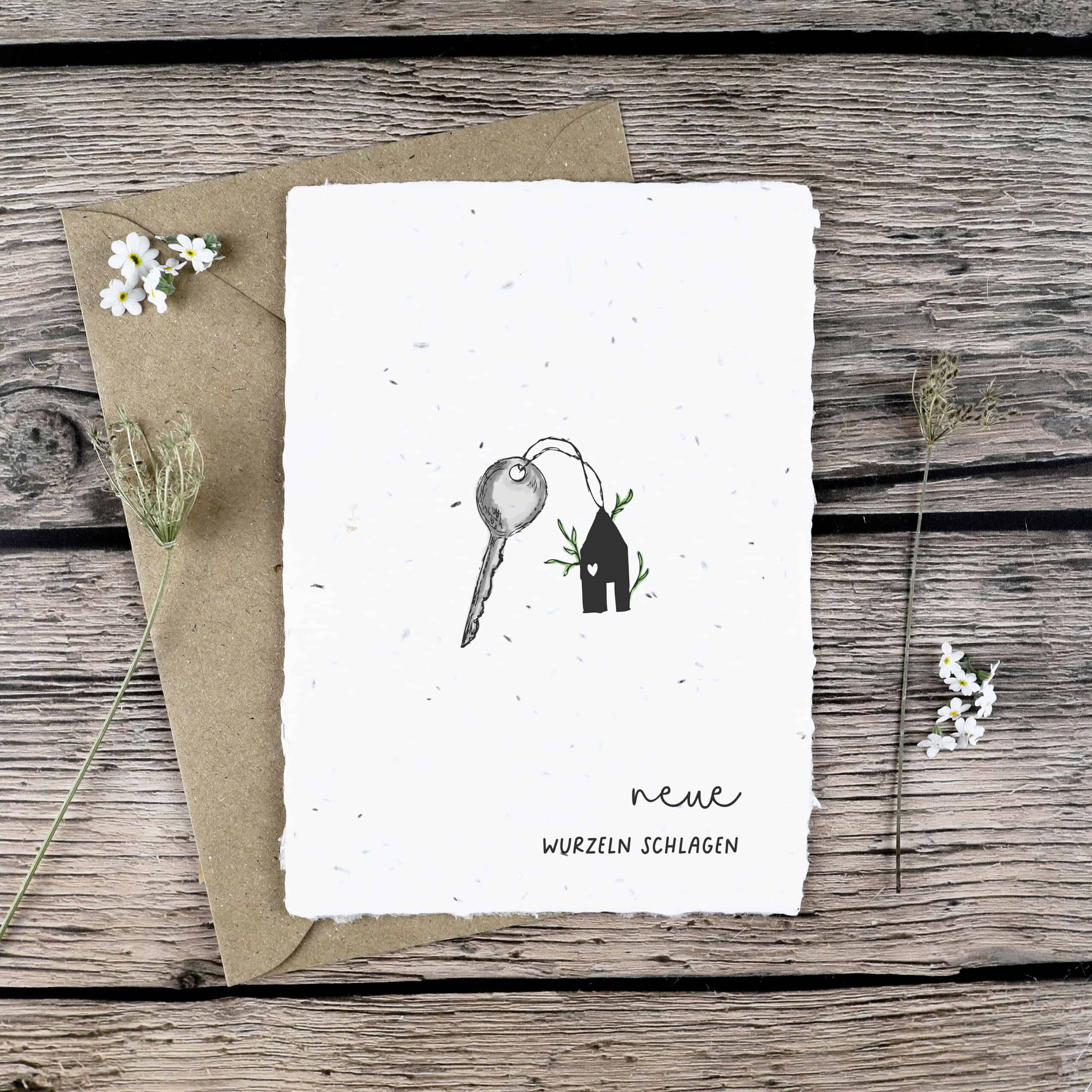 Samenkarte zum Einzug verschenken, neues Zuhause, neues Glück, Schlüsselbund mit Haus-Schlüsselanhänger, neue Wurzeln schlagen, Umzug