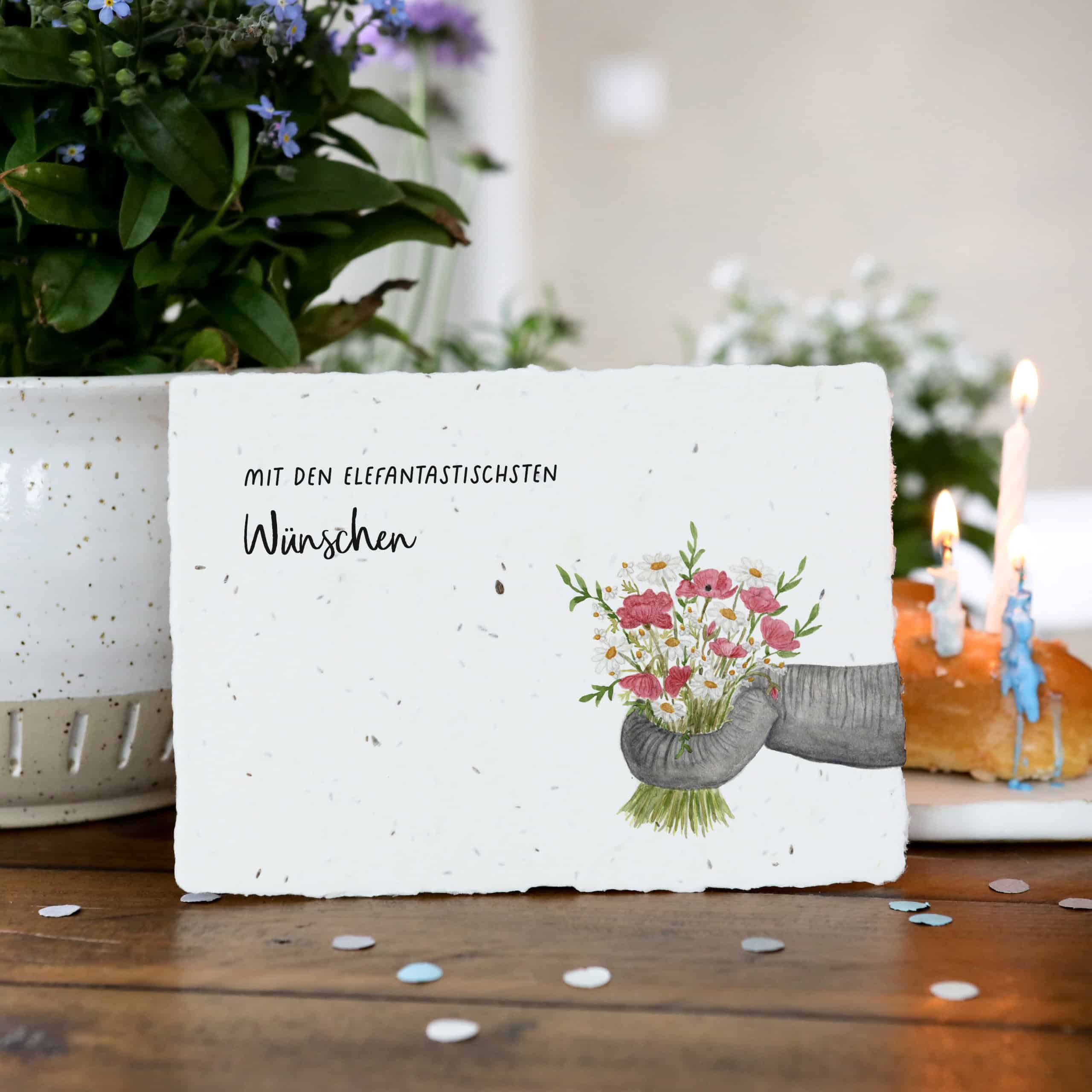 Samenkarte zum Geburtstag mit Blumenstrauß und Elefantenrüssel