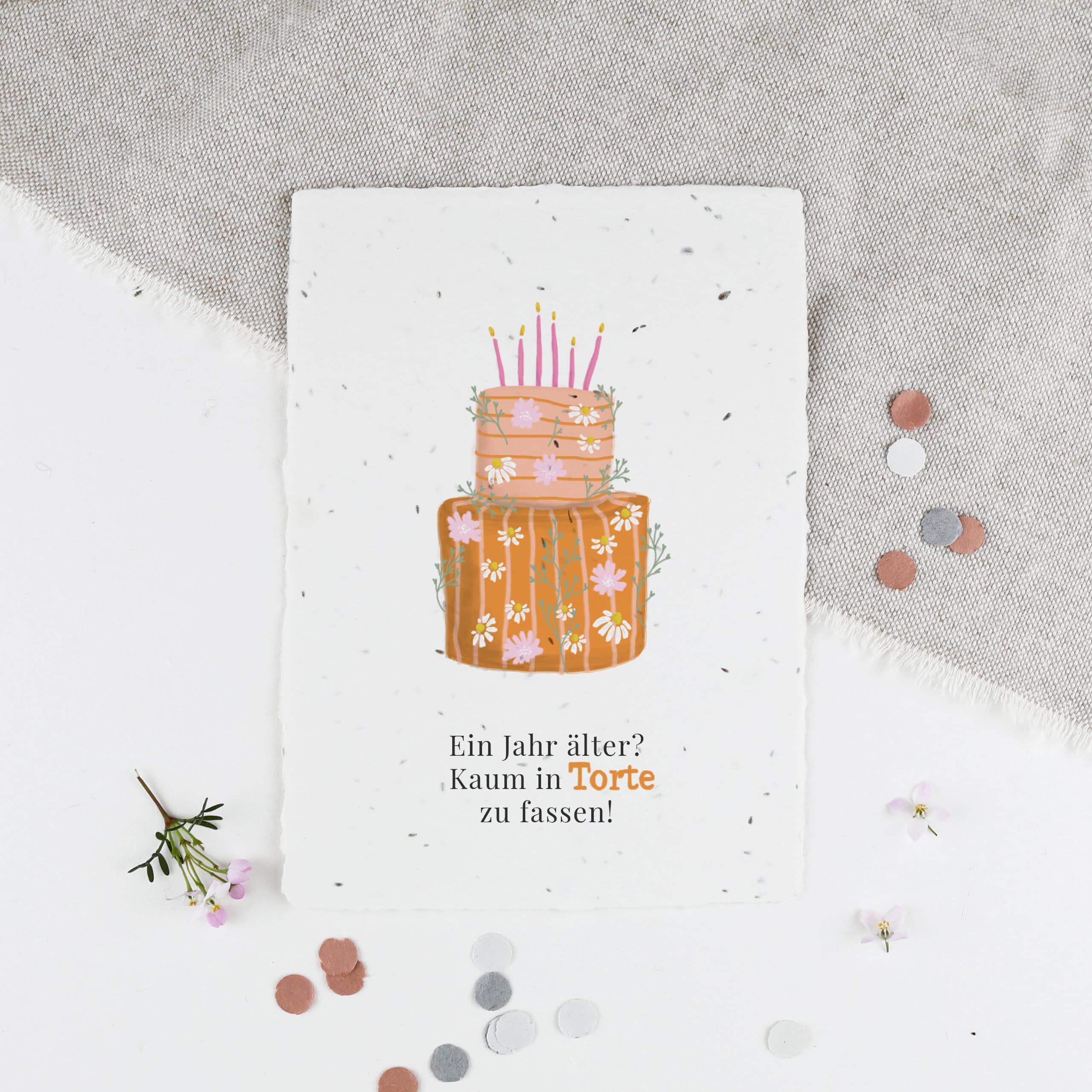 heylittlegreen-handgeschöpftes Saatpapier-Samenkarte zum Geburtstag-Geburtstagskarte-Gratulation-Kaum in Torte zu fassen (1) Geburtstagskarte aus Samenpapier mit Torte, Geburtstagstorte, Karte zum Geburtstag, Kaum in Torte zu fassen