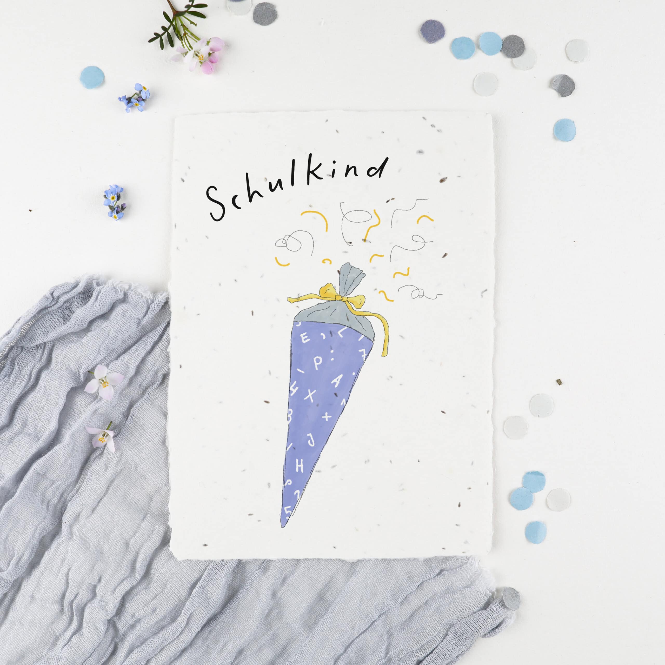 Karte zur Einschulung mit Schultüte und Aufschrift "Schulkind"