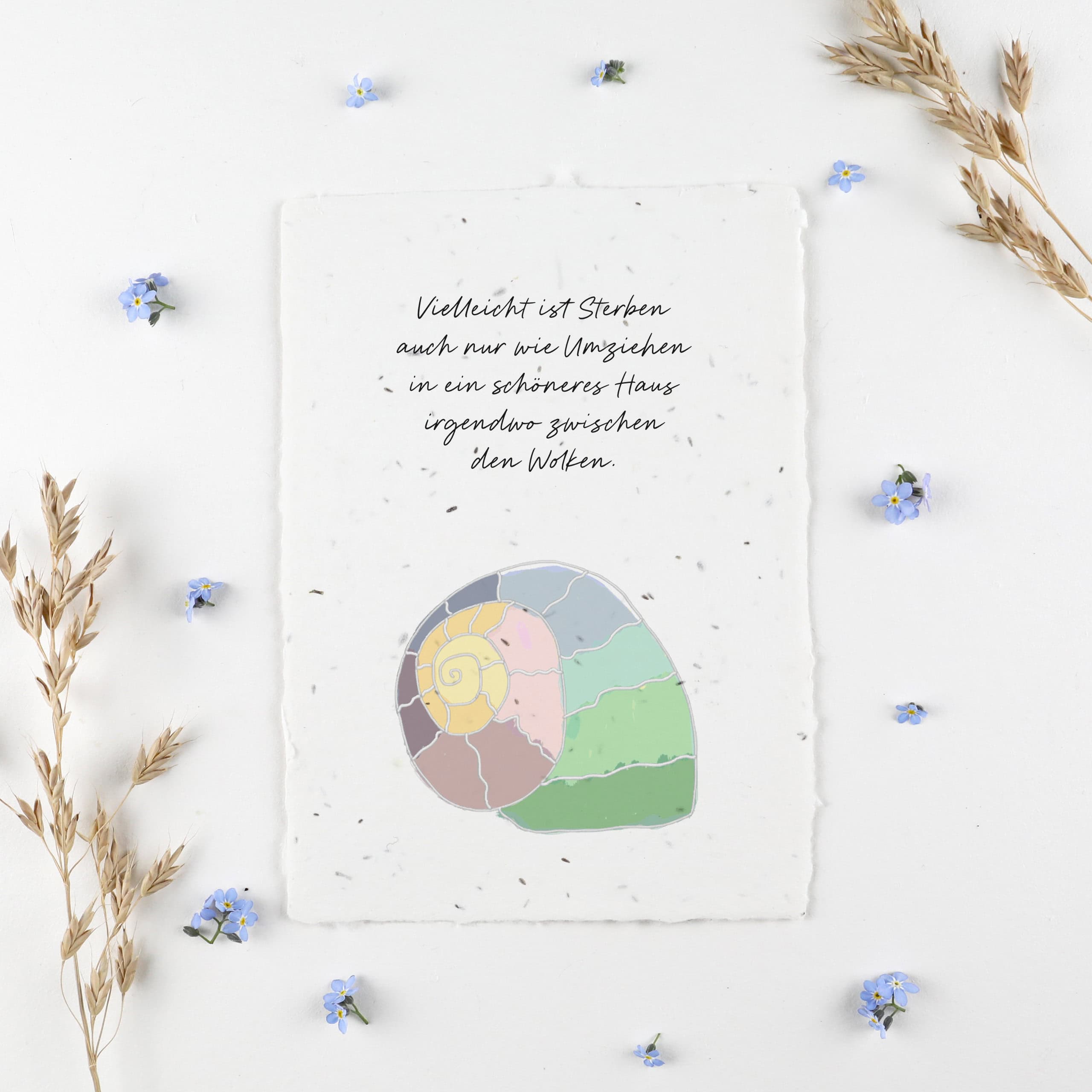 Samenkarte für Trauer und Abschied mit schönem Trauerspruch und Schneckenhaus