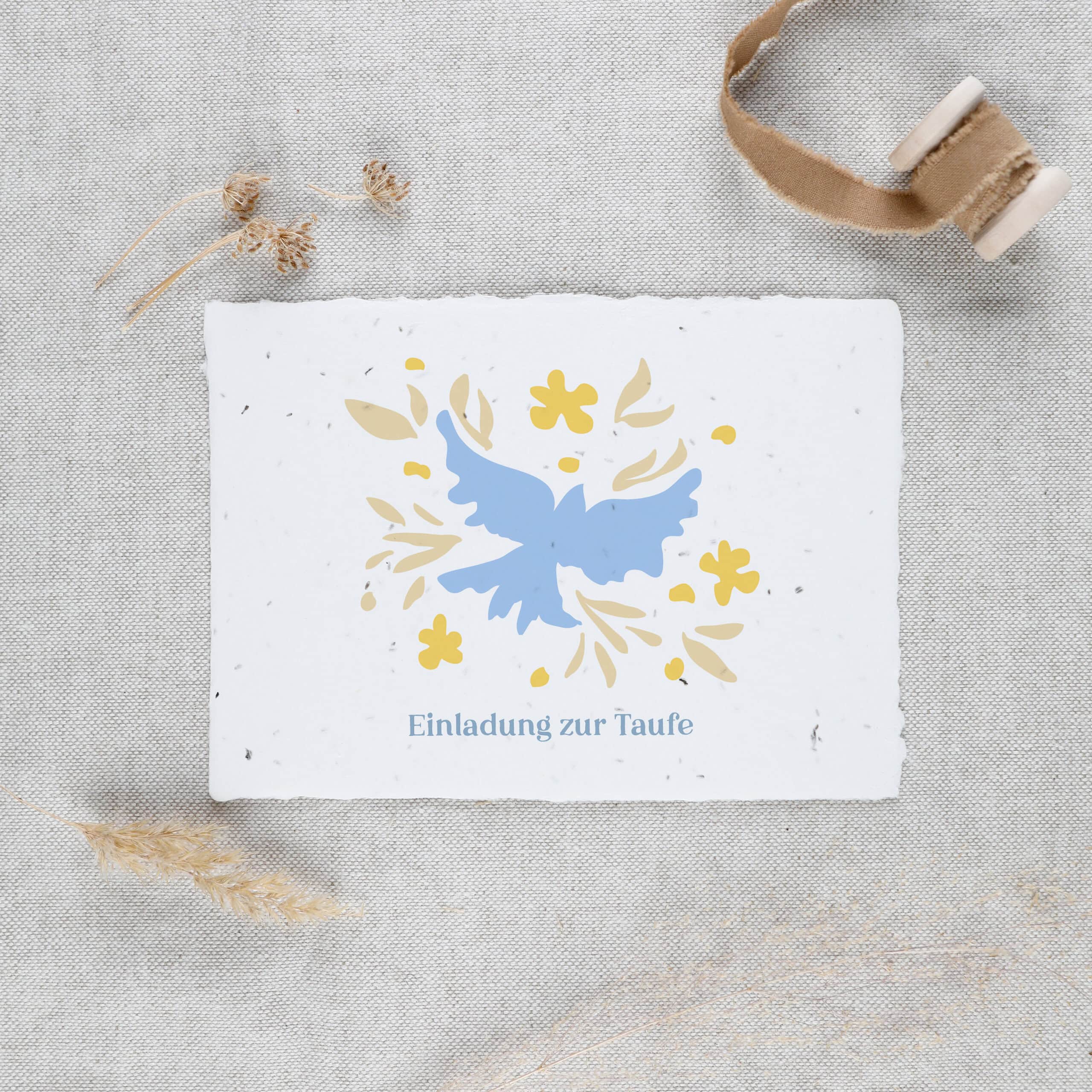 heylittlegreen-handgeschöpftes Saatpapier-Einladung zur Taufe-Taufeinladung (1) Einladungskarte zur Taufe, Taufe feiern und Gäste einladen, Friedenstaube, Taufe