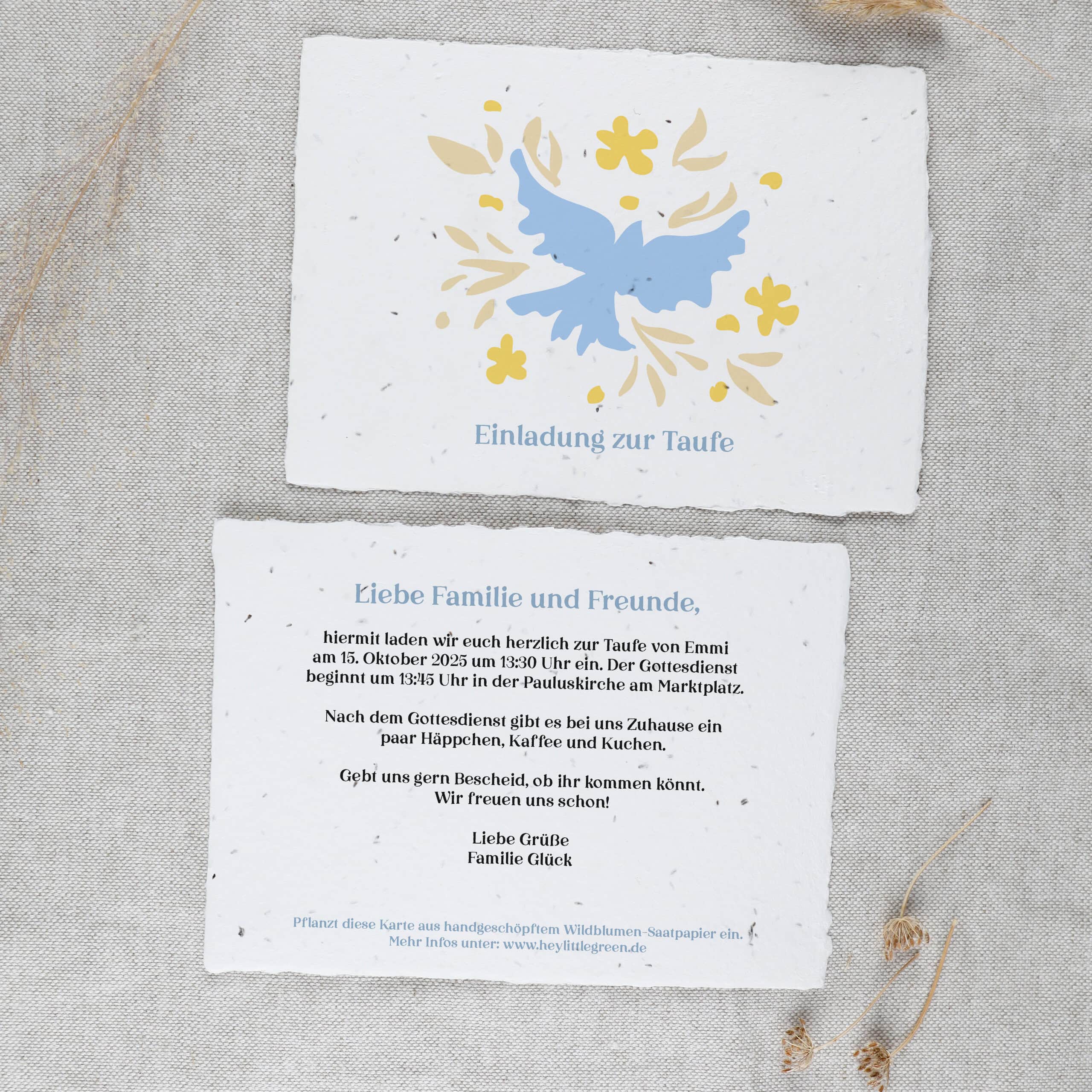 heylittlegreen-handgeschöpftes Saatpapier-Einladung zur Taufe-Taufeinladung (2) Einladungskarte zur Taufe, Taufe feiern und Gäste einladen, Friedenstaube, Taufe