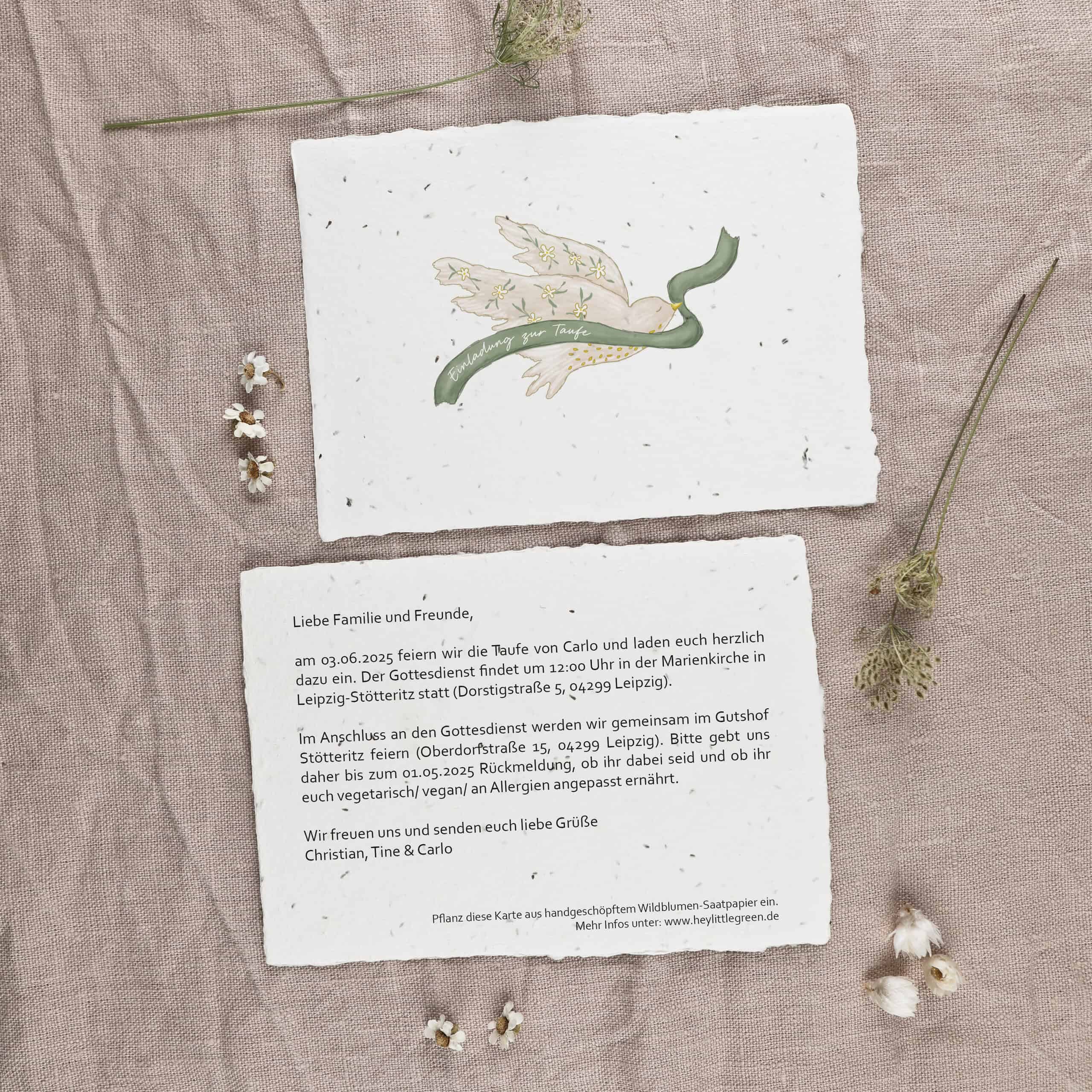 Einladungskarte zur Taufe, Taufe feiern und Gäste einladen, Friedenstaube, Taufe