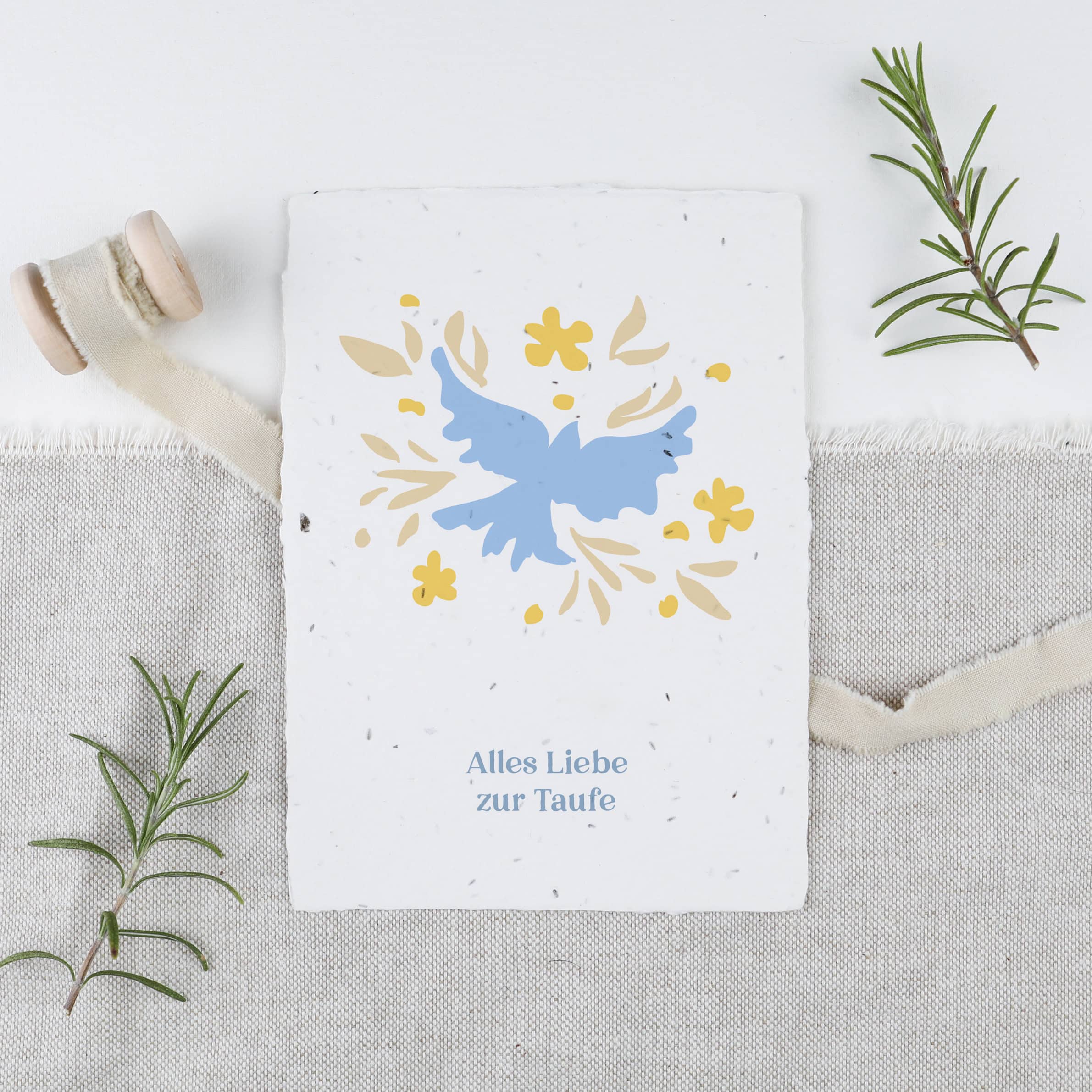 heylittlegreen-handgeschöpftes Saatpapier-Samenkarte zur Taufe-Gratulieren zur Taufe-Glückwunschkarte Taufe-Alles Liebe zur Taufe (2) Karte zur Taufe mit abstraktem Muster, Friedenstaube und Aufschrift "Alles Liebe zur Taufe"