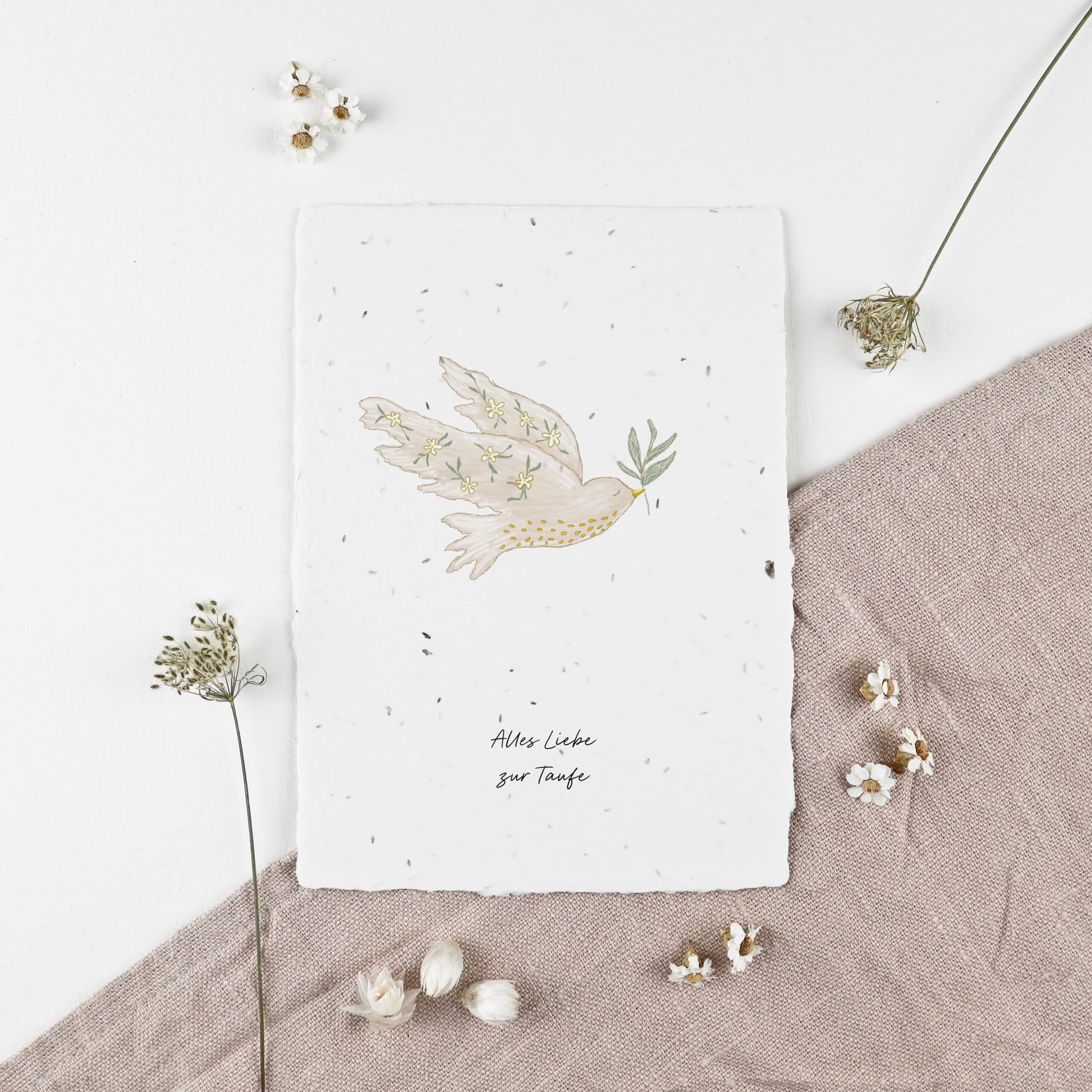 Karte zur Taufe mit Friedenstaube und Aufschrift "Alles Liebe zur Taufe"