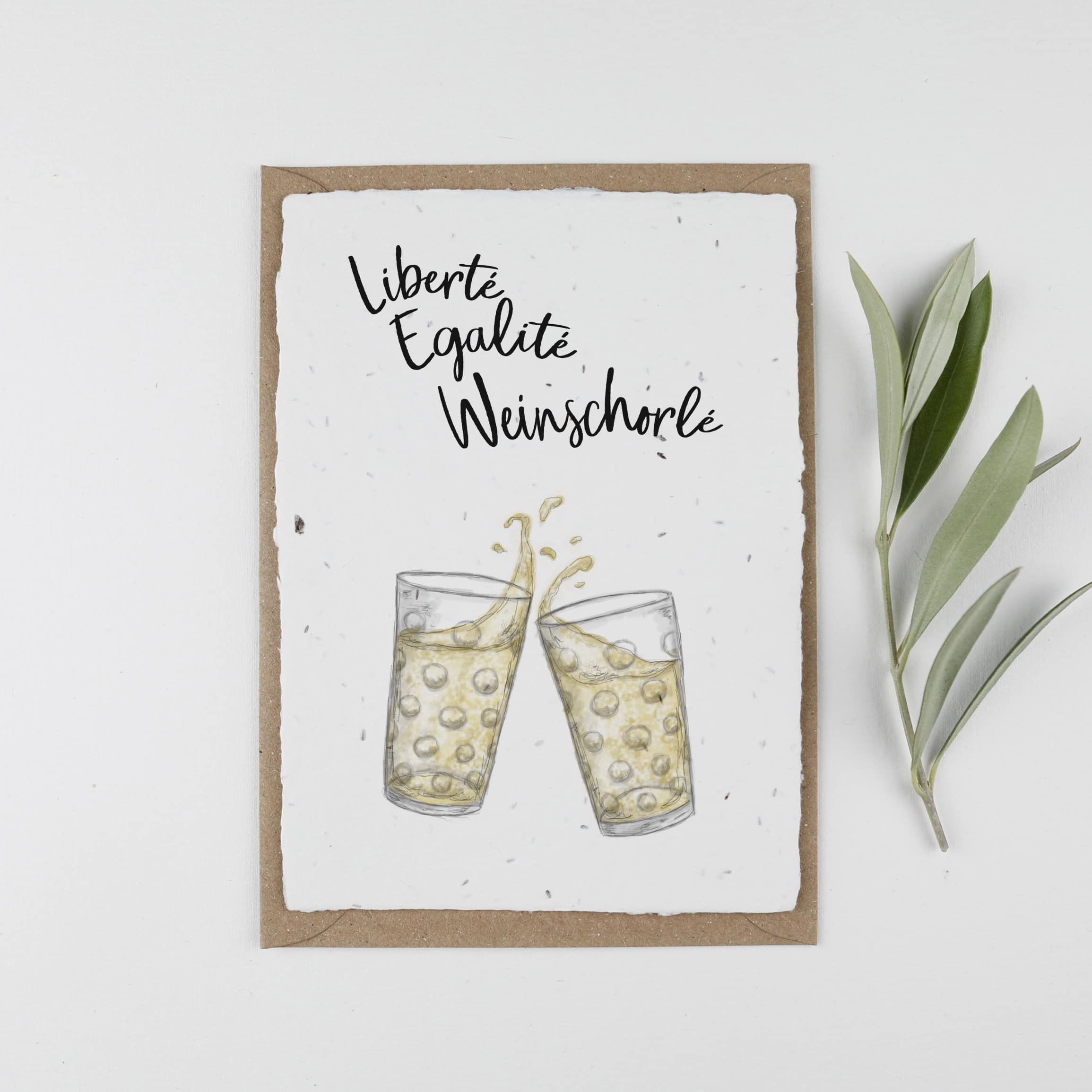 Karte mit Dubbeglas und Pfalzspruch "Liberté, Egalité, Weinschorlé"