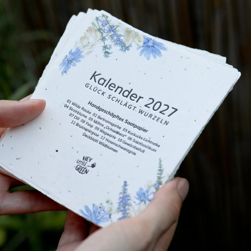 Saatpapier-Kalender zum Einpflanzen mit handillustrierten Pflanzenmotiven