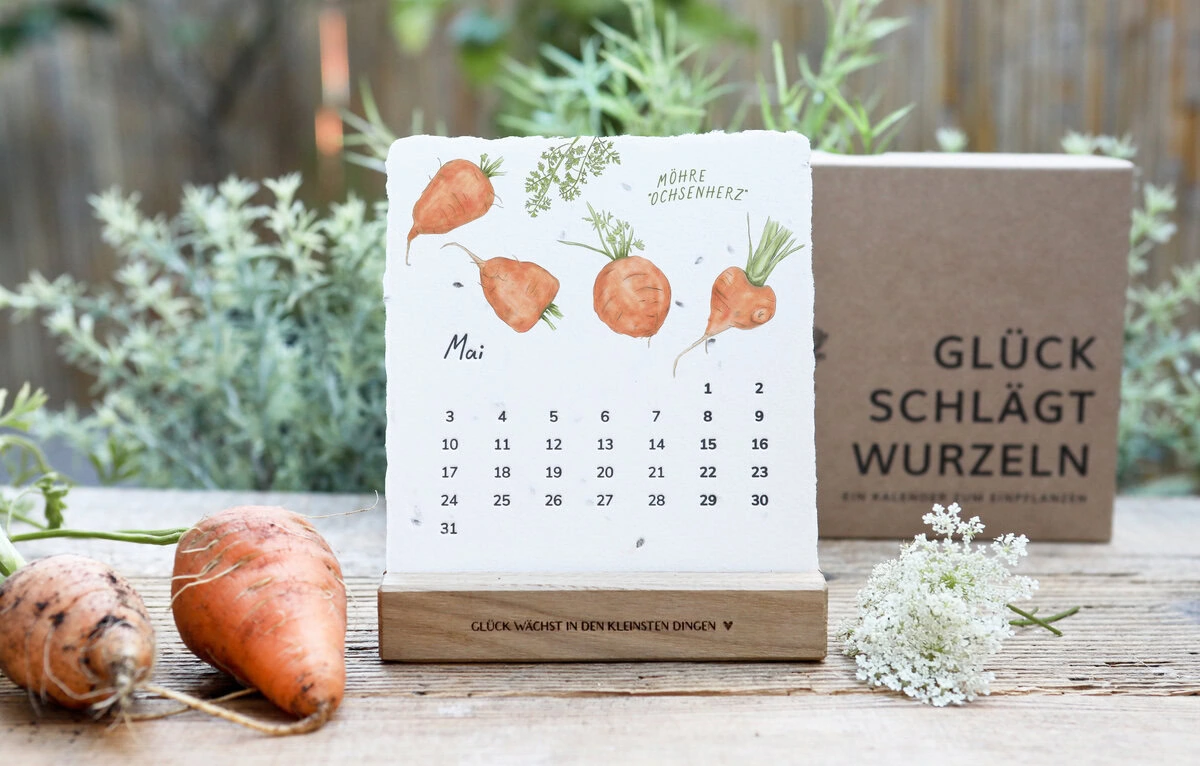 Saatpapier-Kalender zum Einpflanzen mit handillustrierten Pflanzenmotiven
