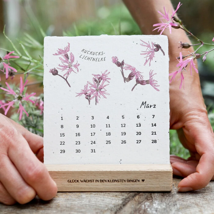 Saatpapier-Kalender zum Einpflanzen mit handillustrierten Pflanzenmotiven